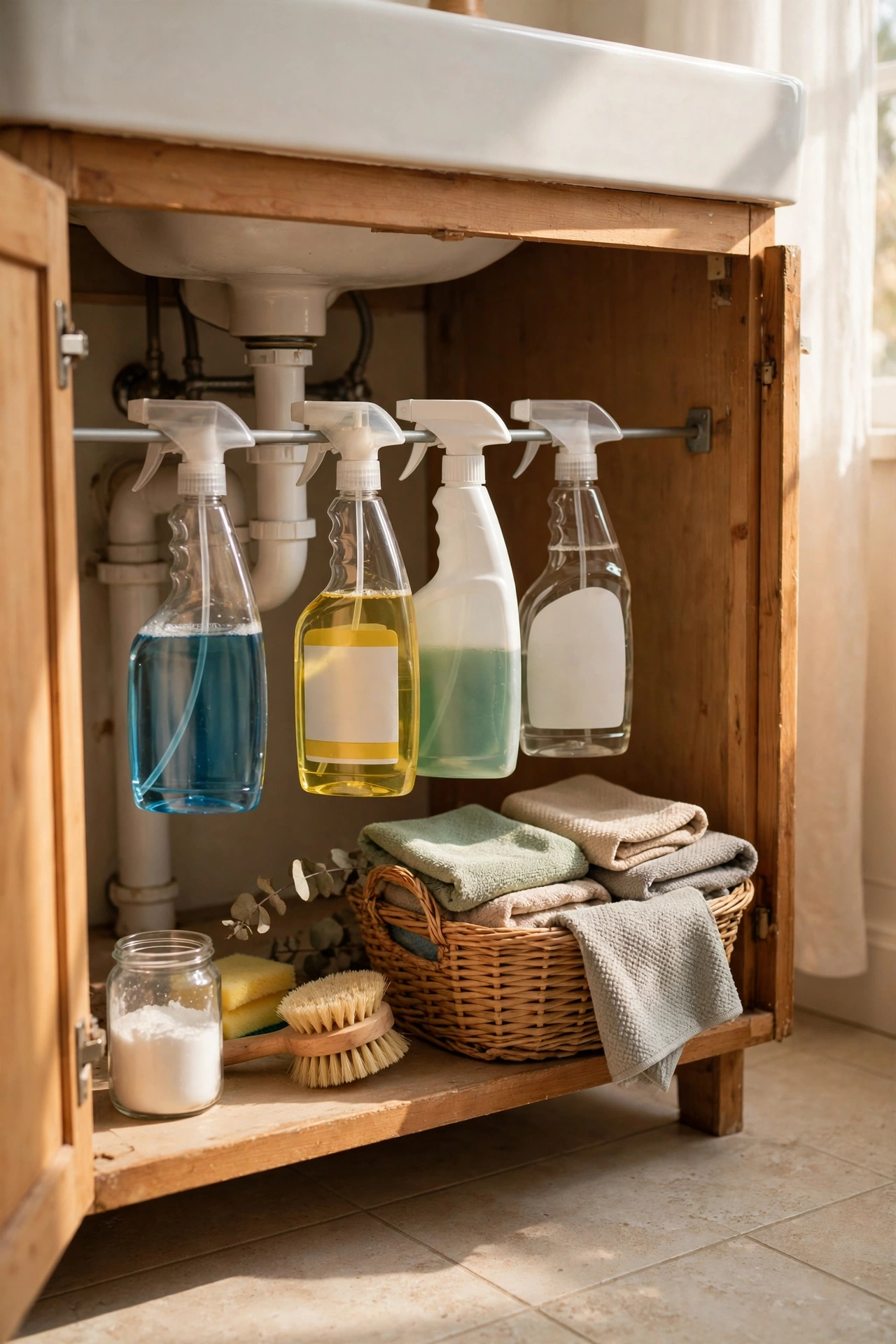 Tension rod under a bathroom sink holding spray bottles by their triggers