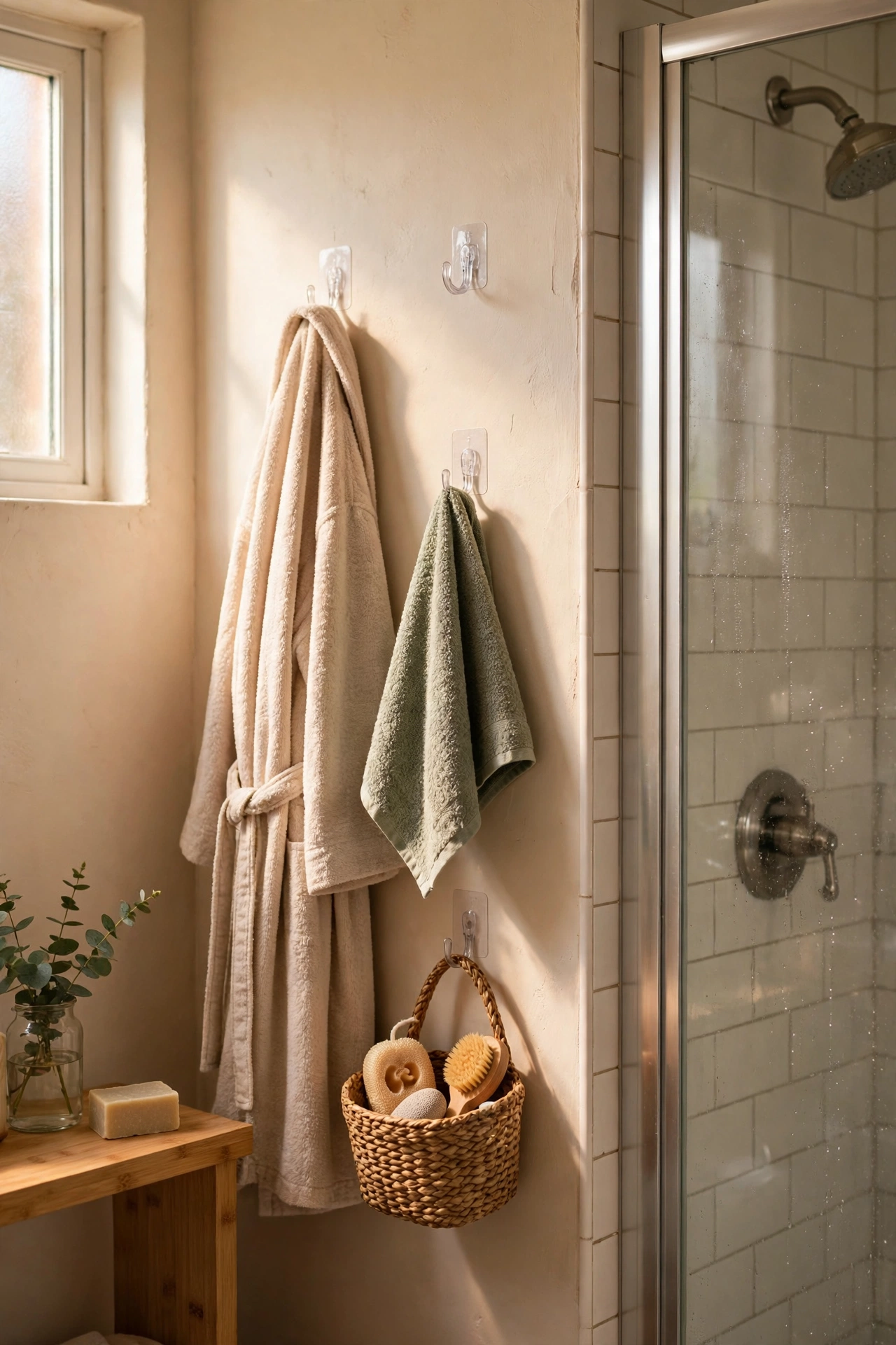 Adhesive hooks on a bathroom wall holding robe, towel and small basket