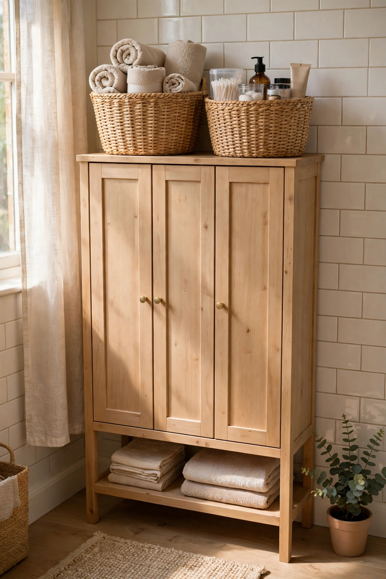 Matching baskets on top of a tall bathroom cabinet holding spare towels