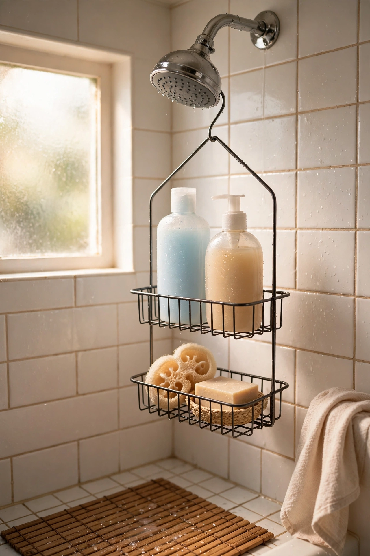 Over-showerhead caddy with shampoo and soap bottles in a small shower
