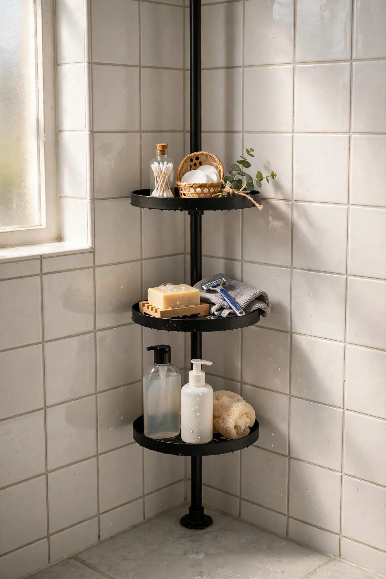 Tension pole corner shelf with four shelves in a shower corner