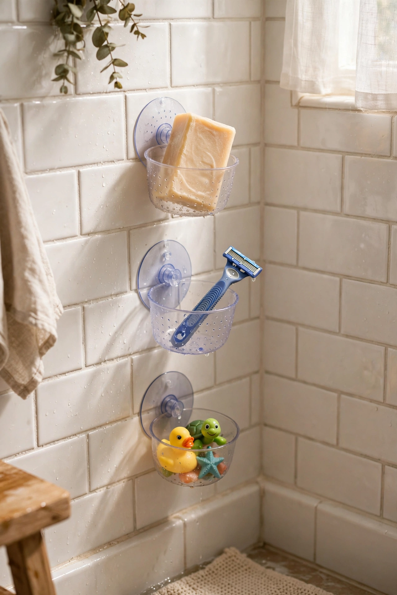 Suction baskets inside a shower holding soap, razor and bath toys
