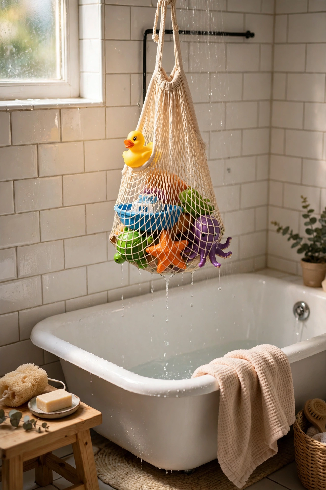 Mesh bag hanging in a shower holding colorful bath toys