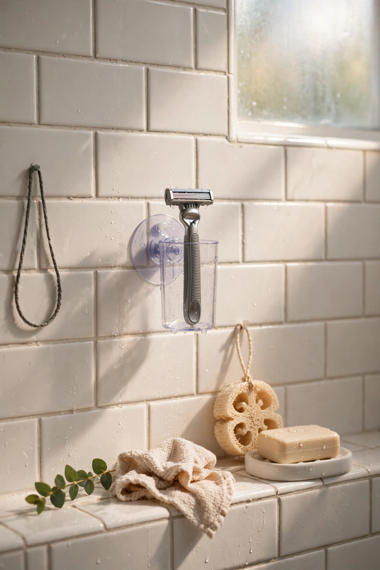 Suction cup razor holder on a shower wall with a razor drying
