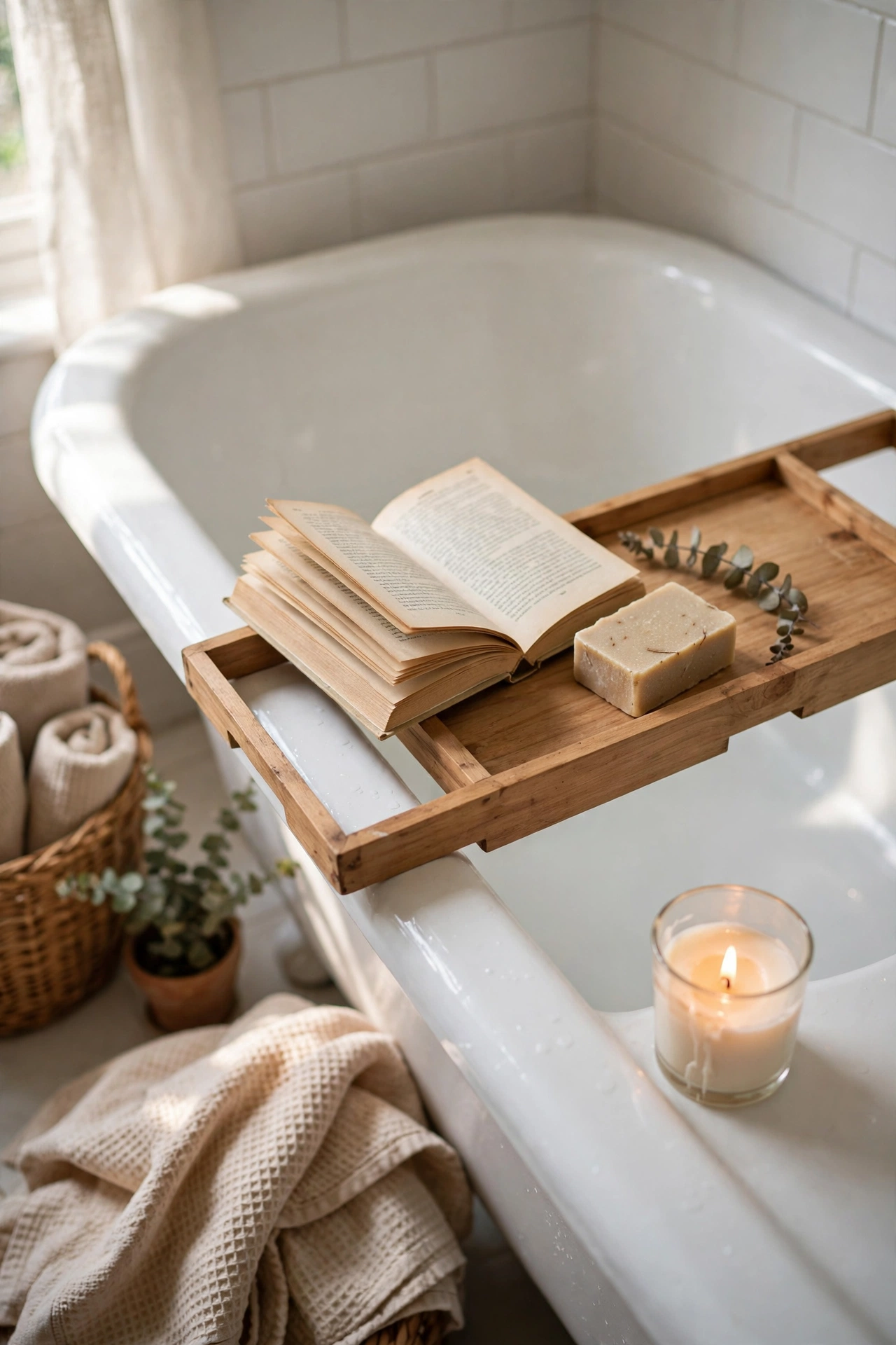 Wooden bath tray with pockets holding a book and soap across a bathtub