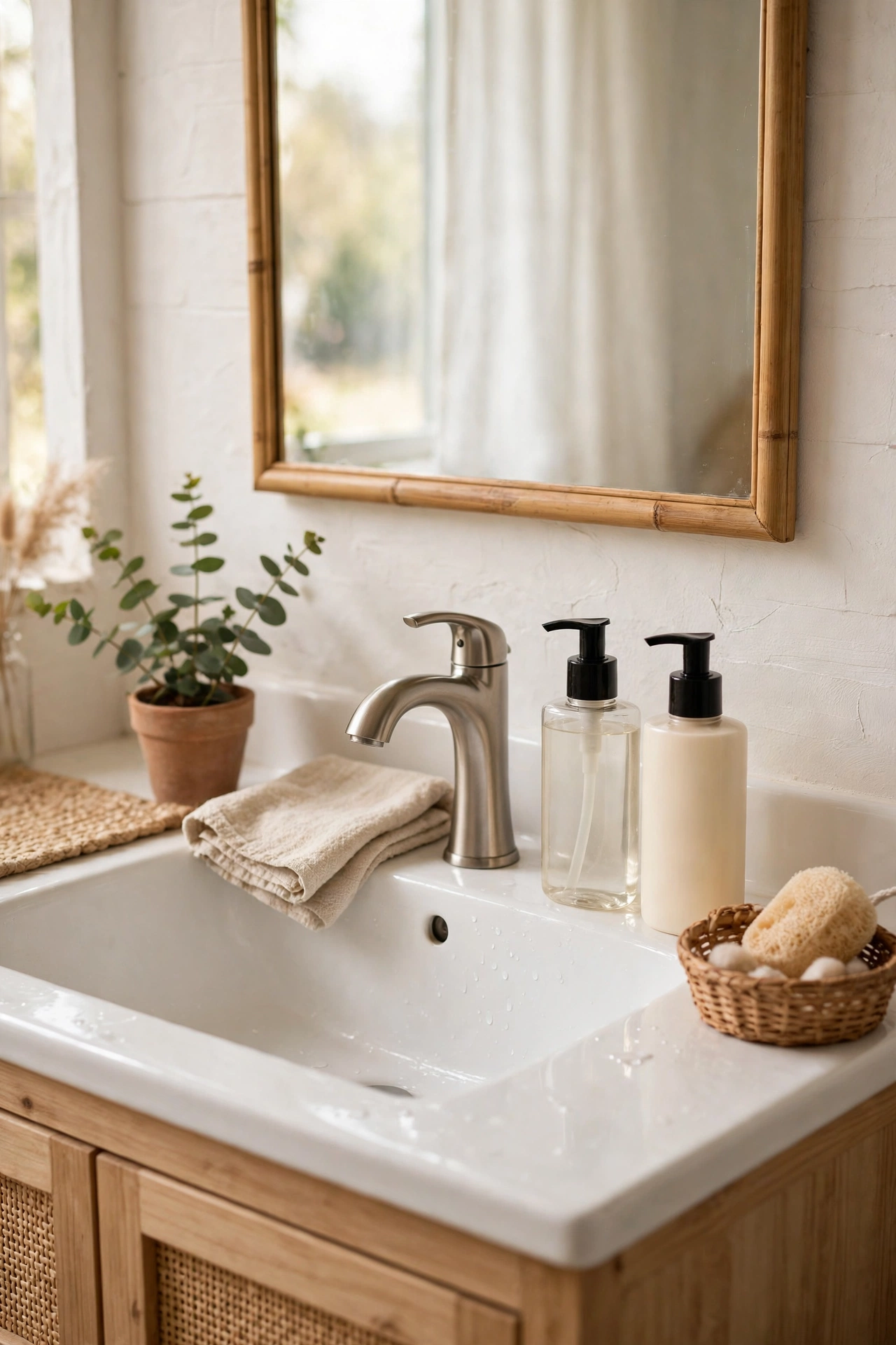 Matching slim pump bottles on a white bathroom sink