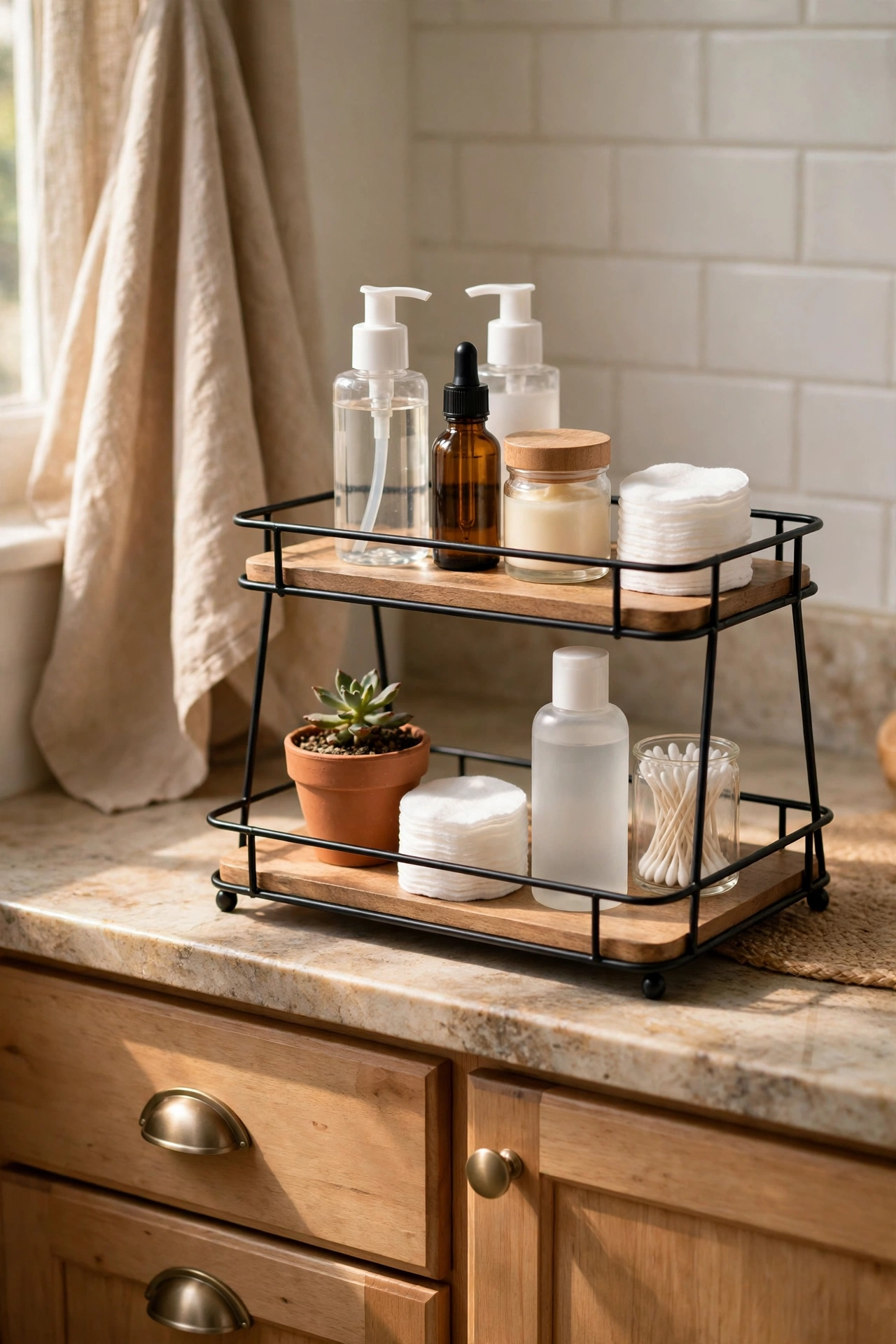 Two-tier tray on a bathroom vanity holding skincare and cotton pads
