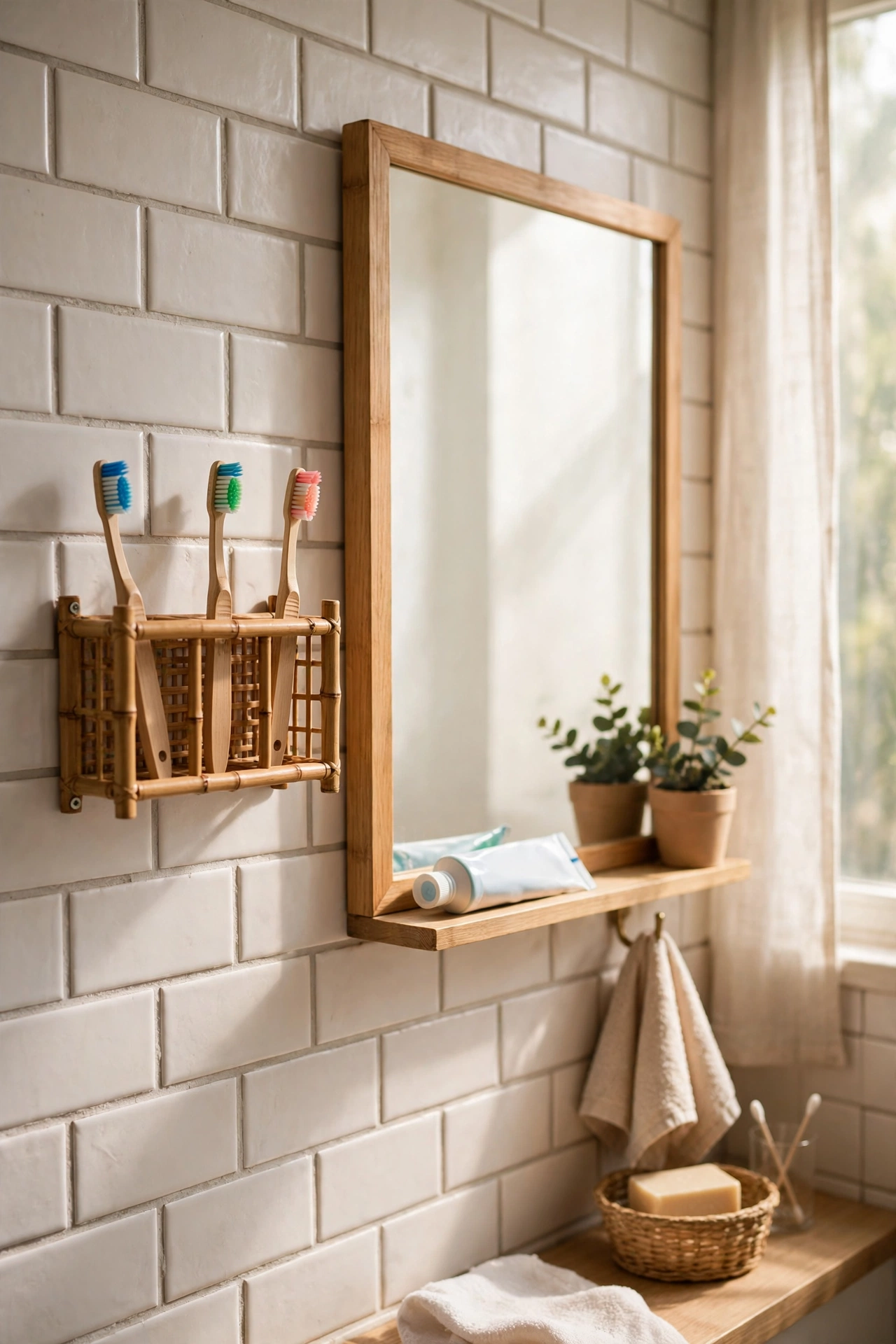 Wall-mounted toothbrush holder with slots beside a bathroom mirror