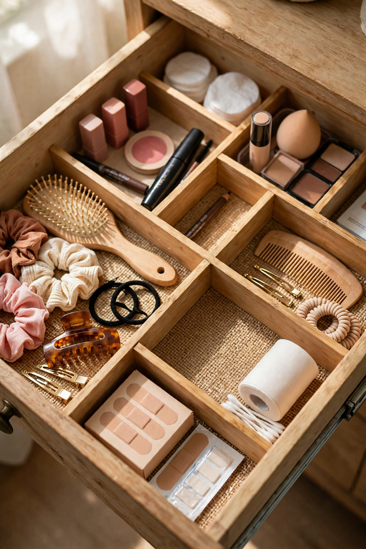 Vanity drawer with dividers organizing makeup, hair tools and spares
