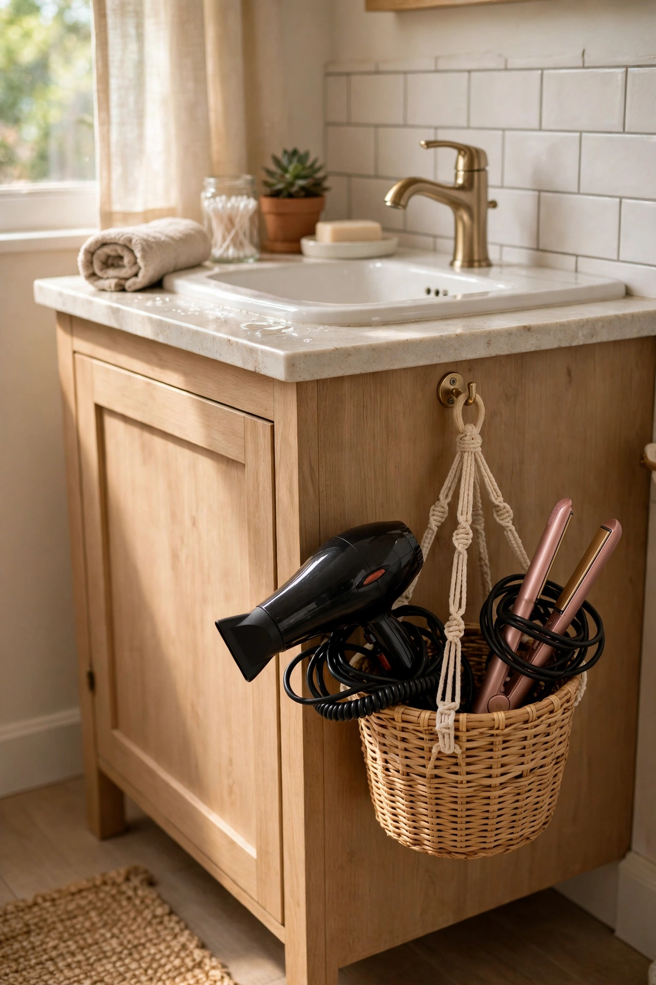 Hanging basket on a vanity side holding hair dryer and straightener