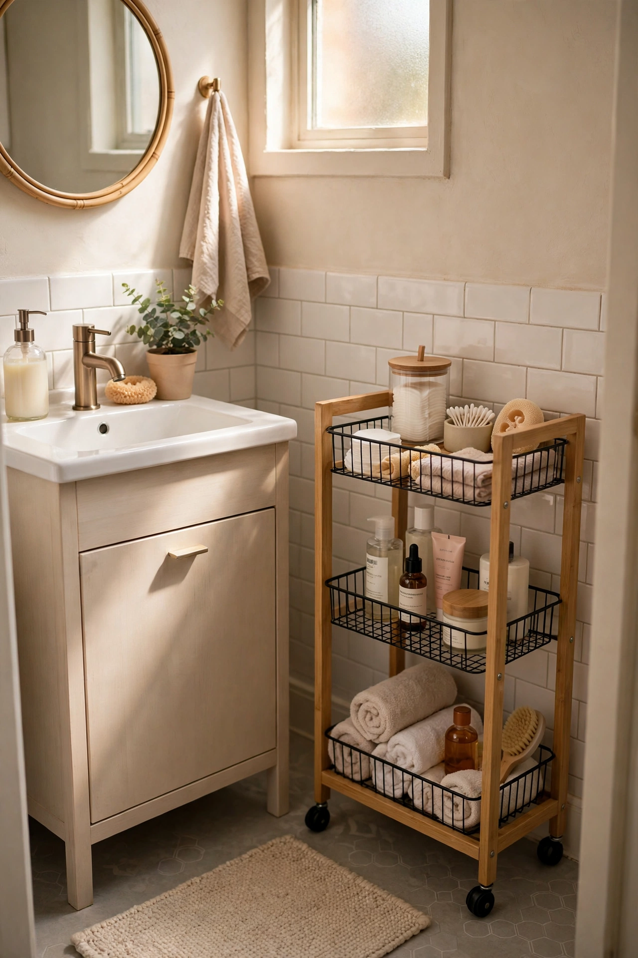 Slim rolling cart beside a bathroom vanity with tiered toiletries