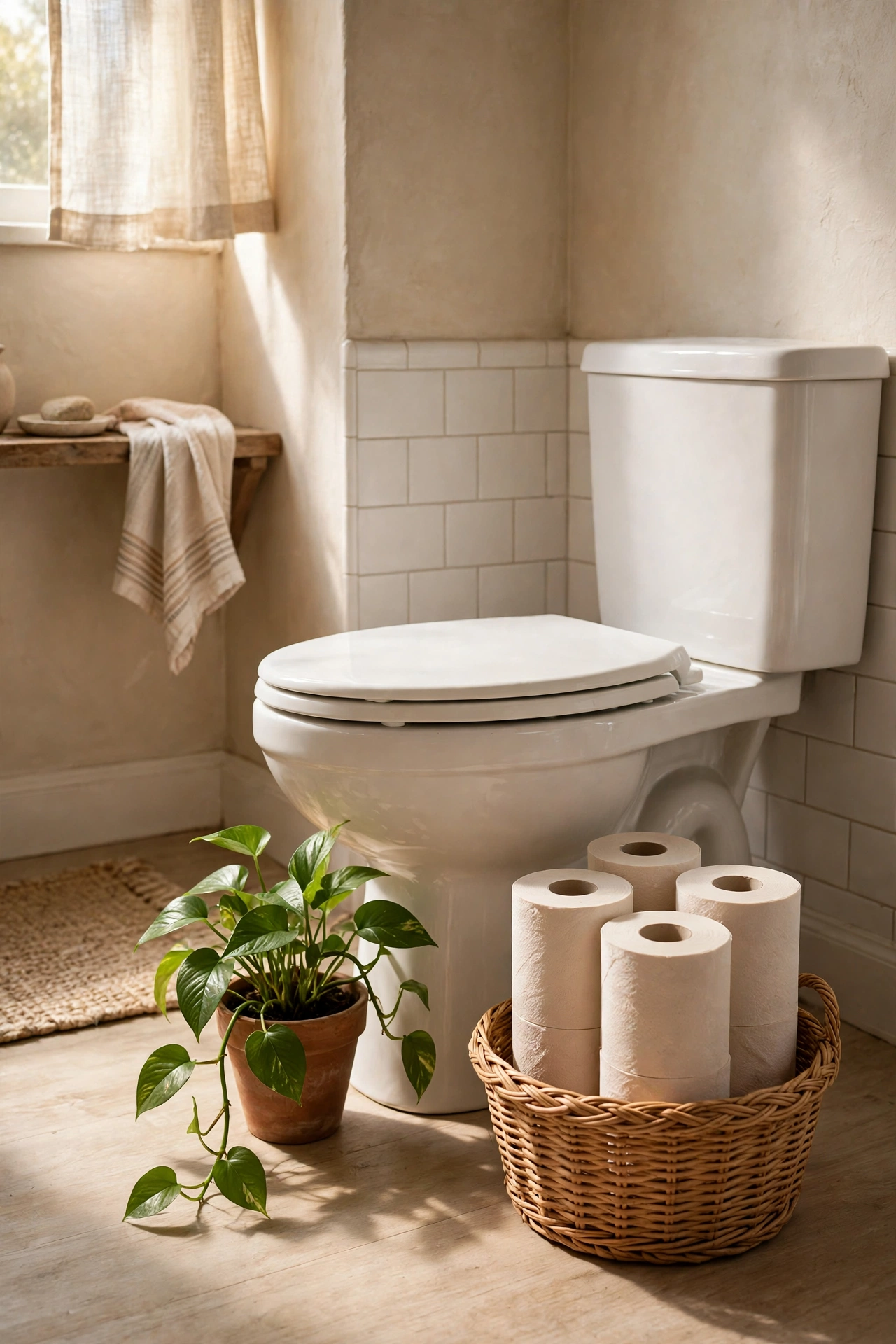Small basket beside a toilet holding upright toilet paper rolls