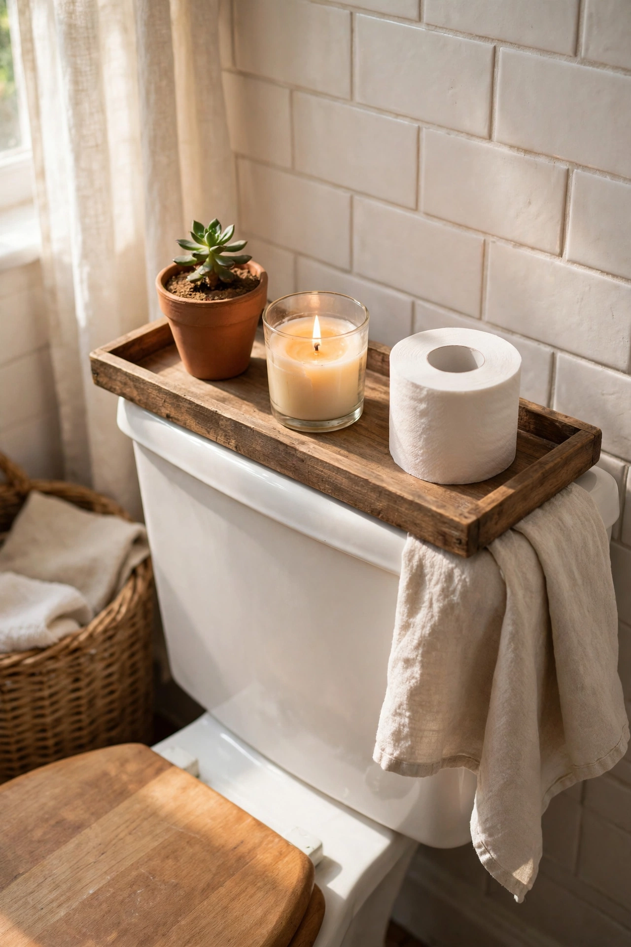 Wooden tray across a toilet tank holding a plant, candle and spare roll