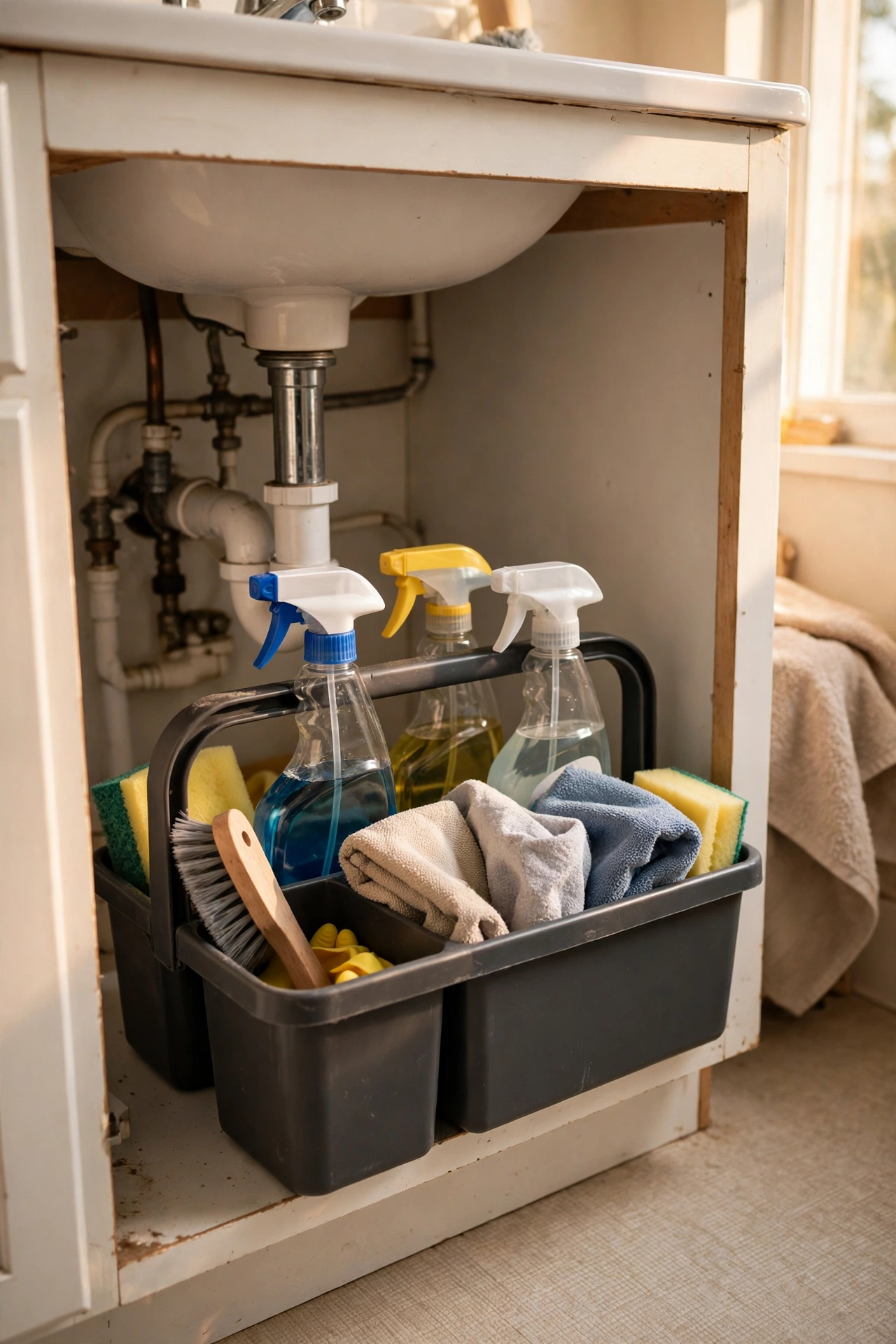 Handled cleaning caddy under a bathroom sink with sprays and cloths
