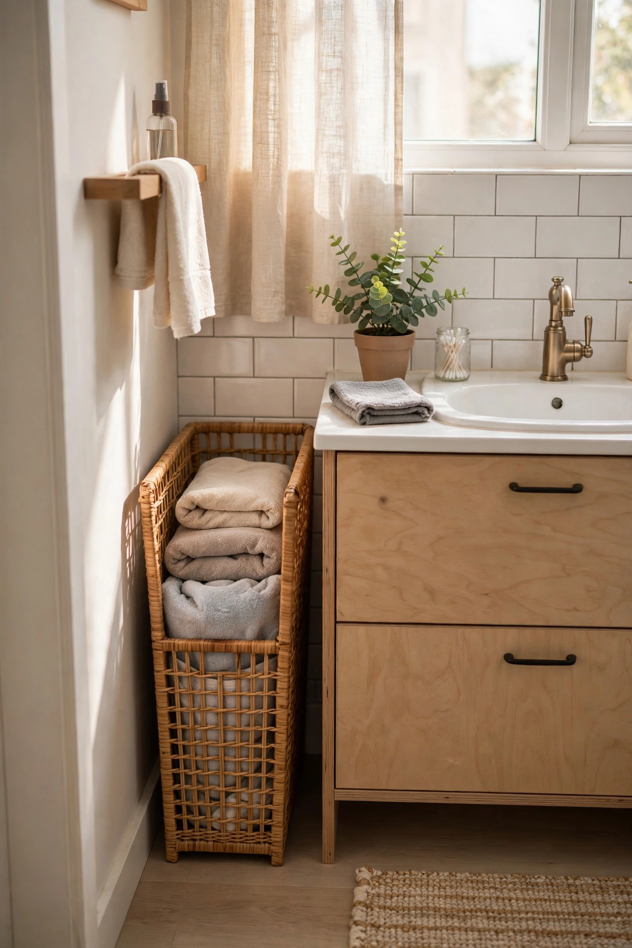 Slim laundry hamper fitting the gap beside a bathroom vanity