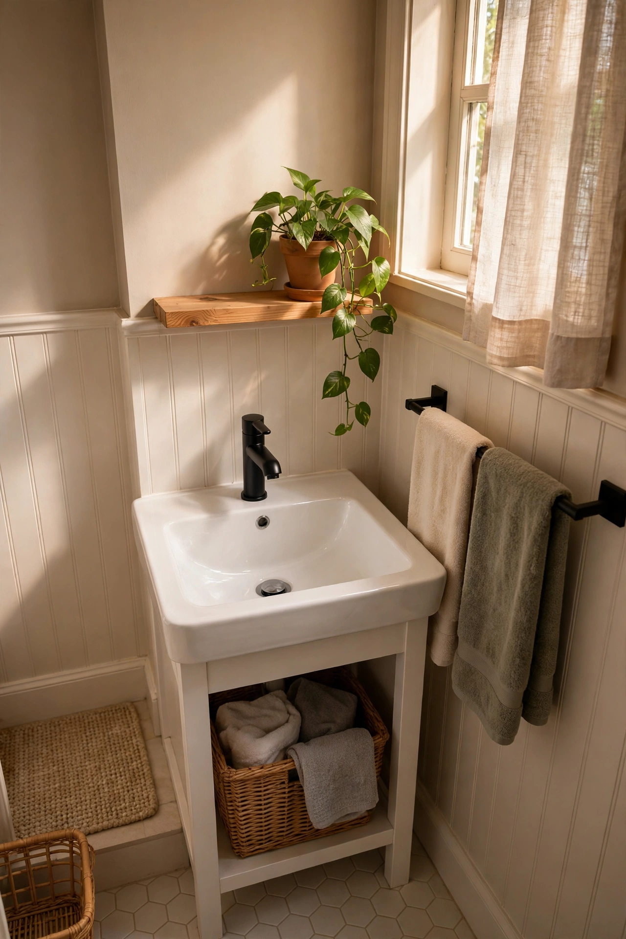 Tidy tiny bathroom after a weekly reset with straight towels and clear sink