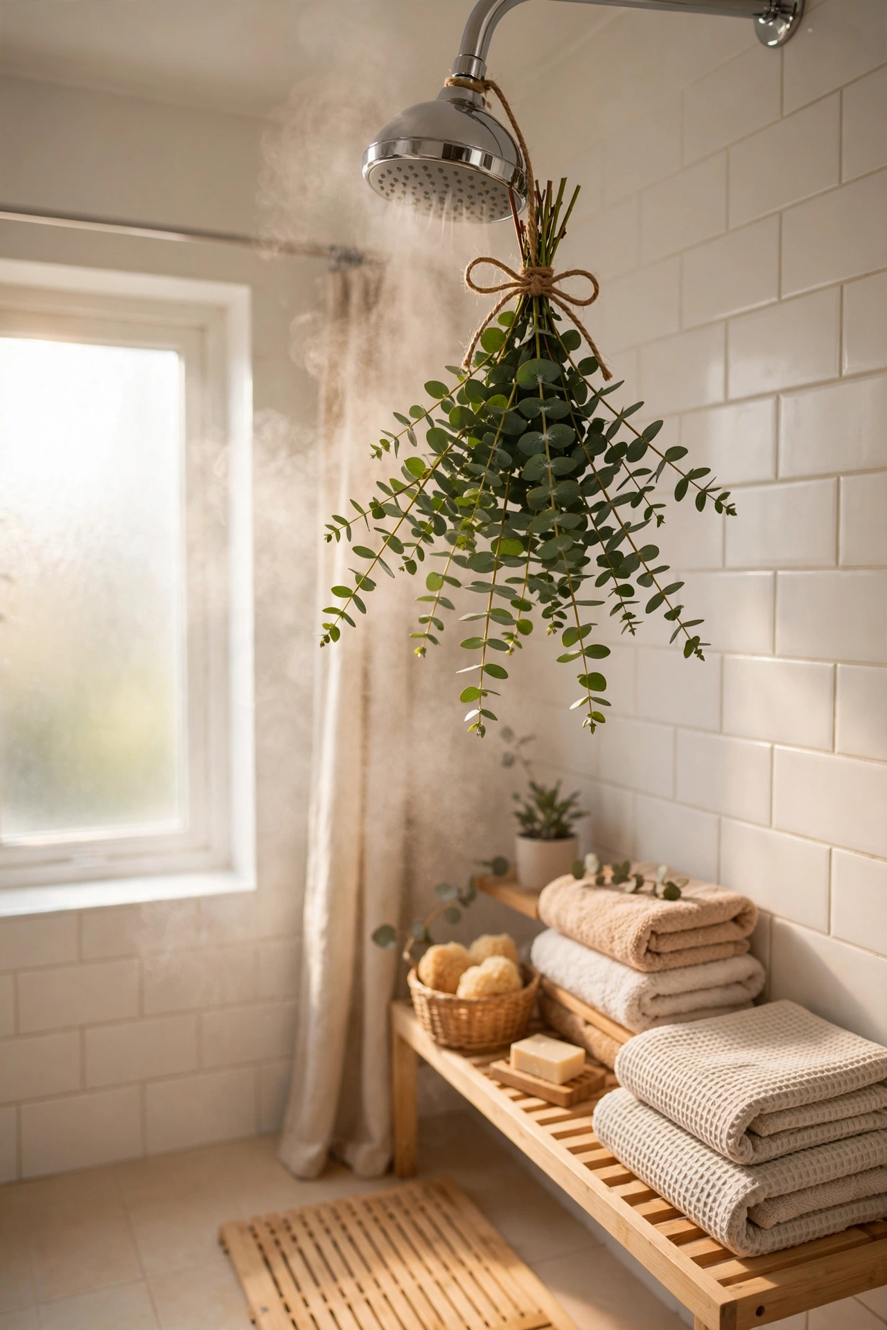 Fresh eucalyptus bunch tied to a showerhead in a bright bathroom