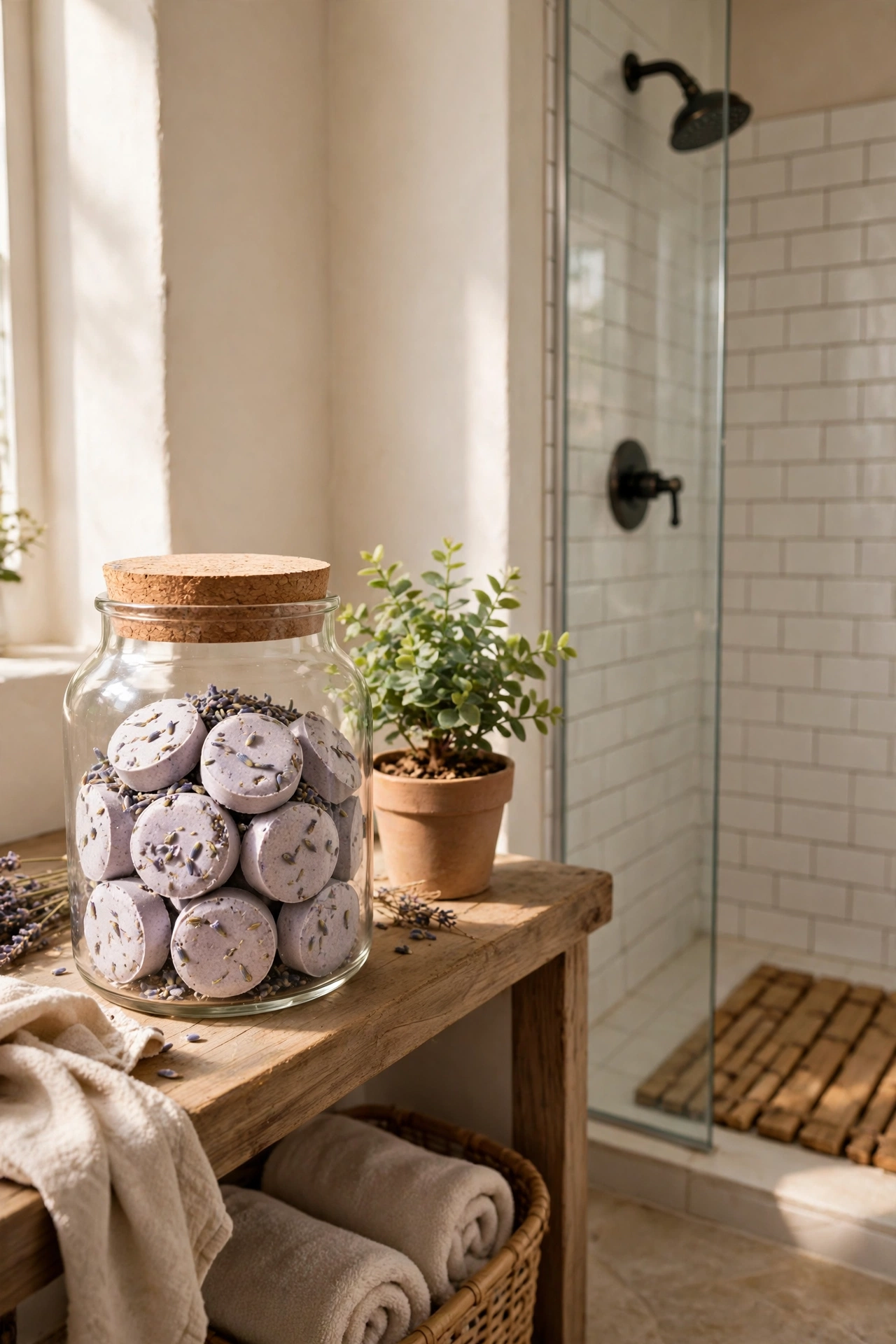 Glass jar of homemade lavender shower steamers beside a shower