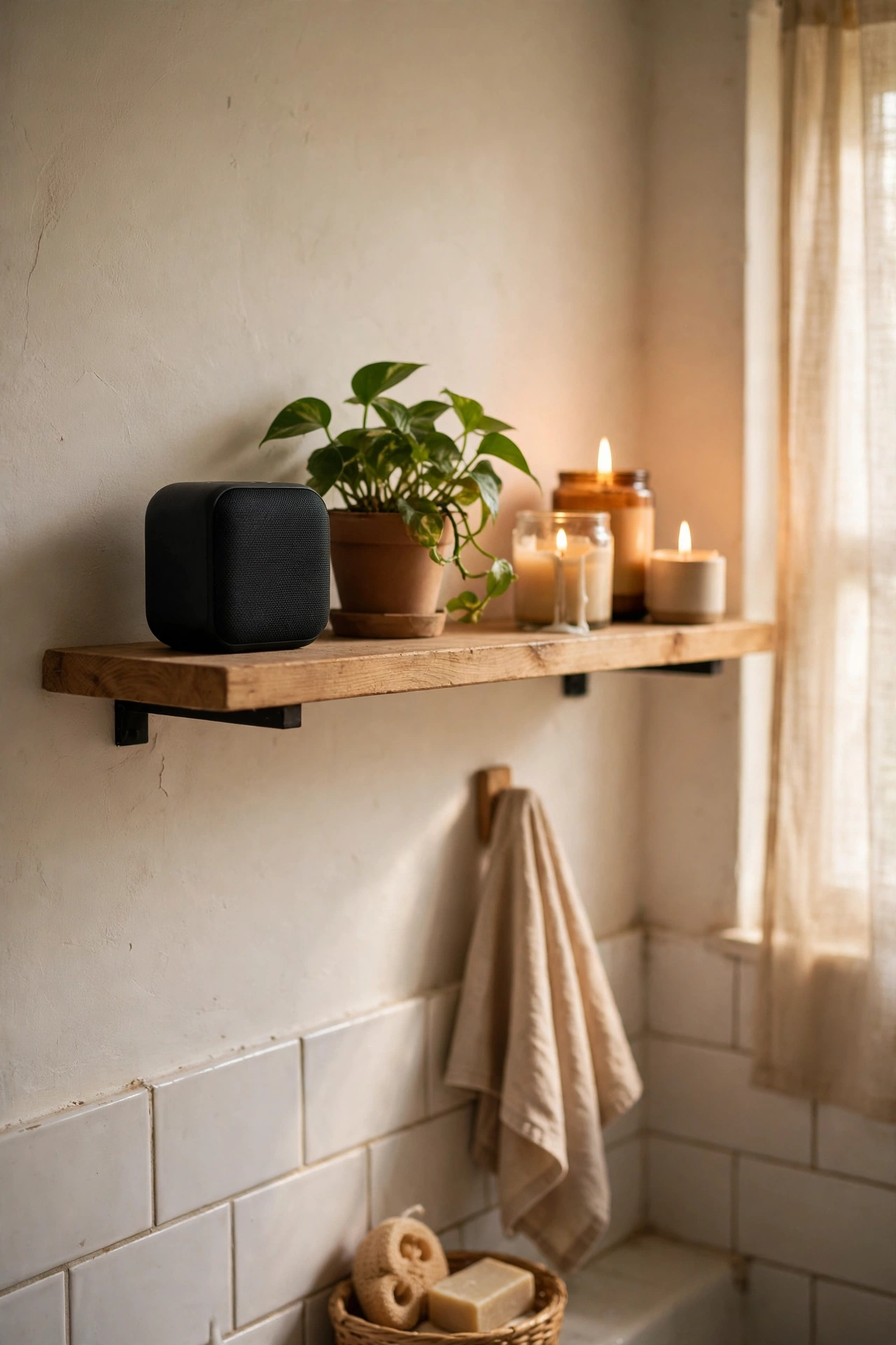 Old phone playing a spa playlist on a high bathroom shelf away from water