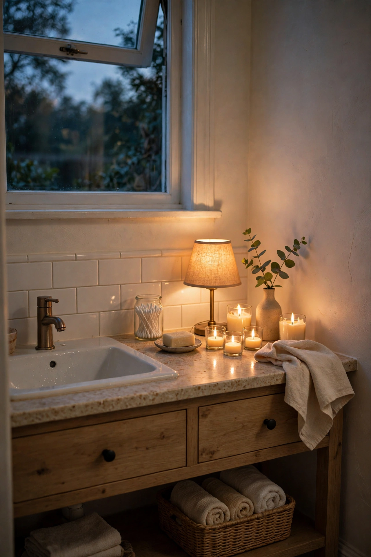Small warm lamp glowing on a bathroom vanity with ceiling light off