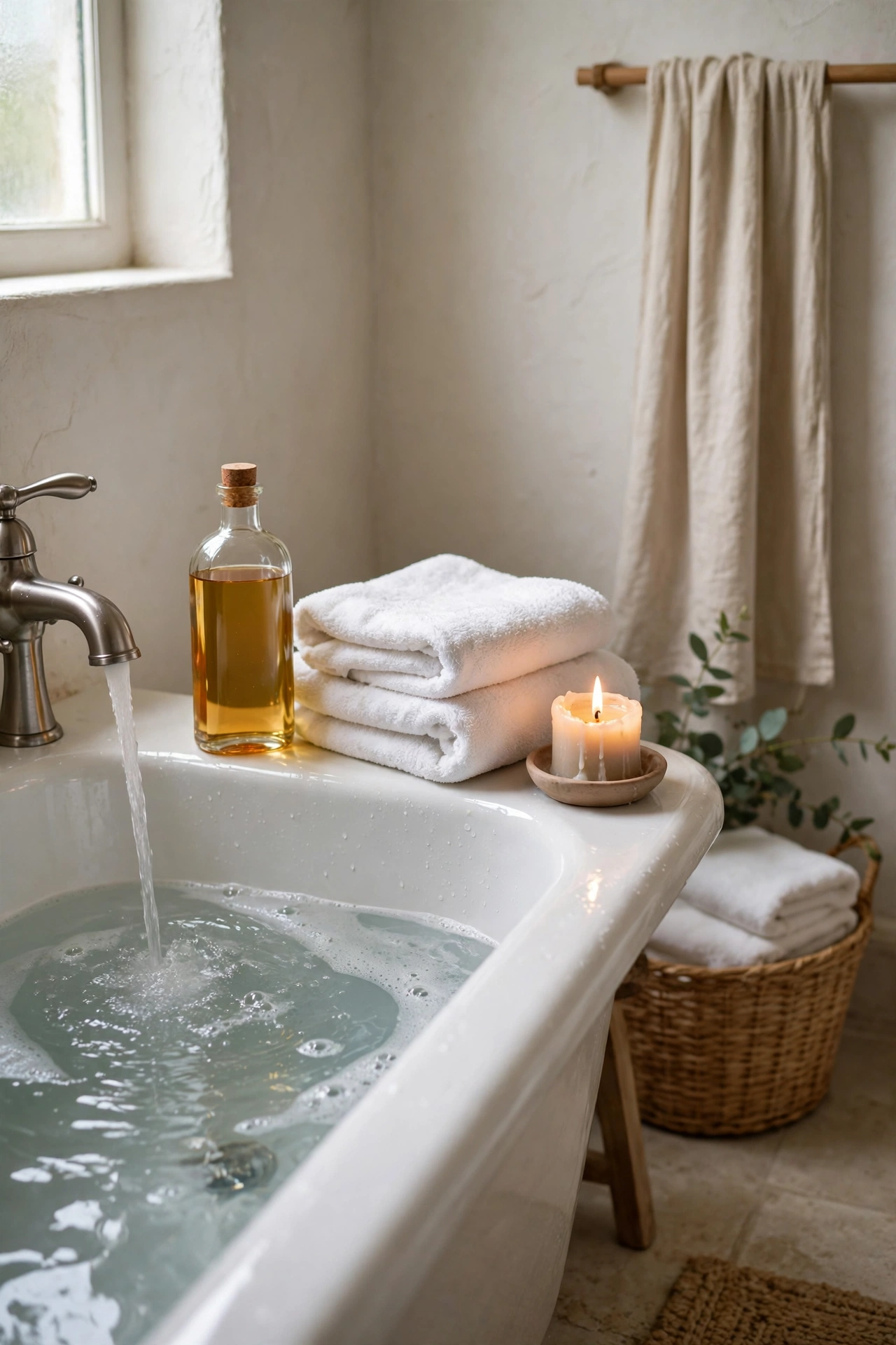 Bottle of bath oil beside a running bath with soft towels