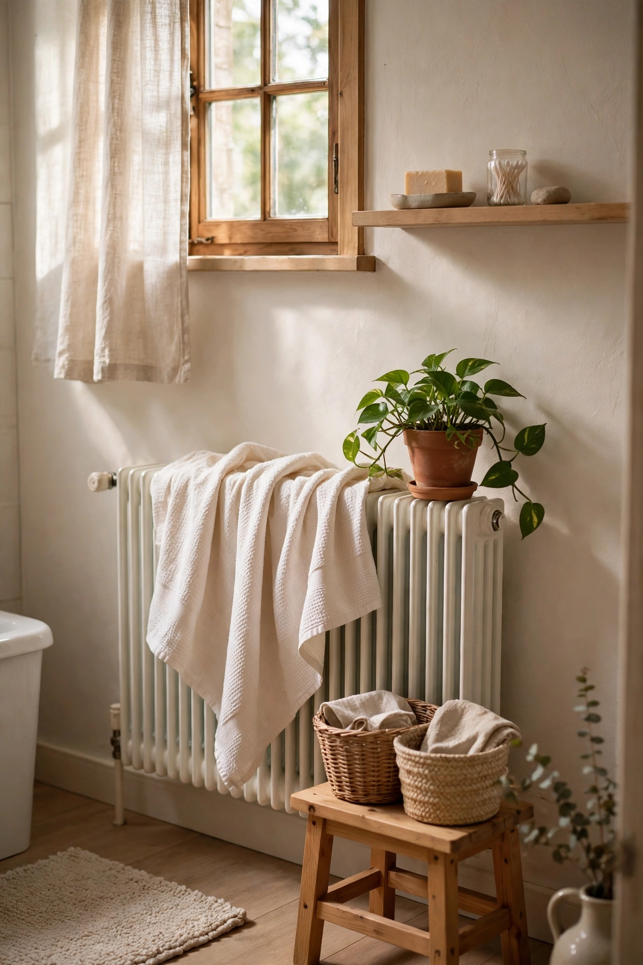 Warm white towel draped over a bathroom radiator before a bath