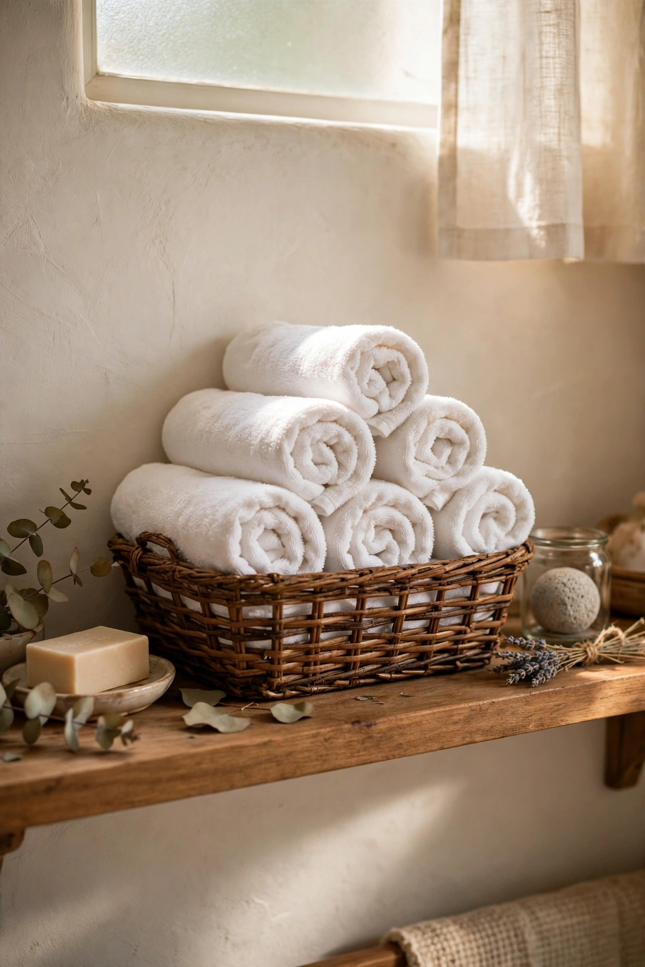 Rolled white towels stacked in a basket on a bathroom shelf like a spa