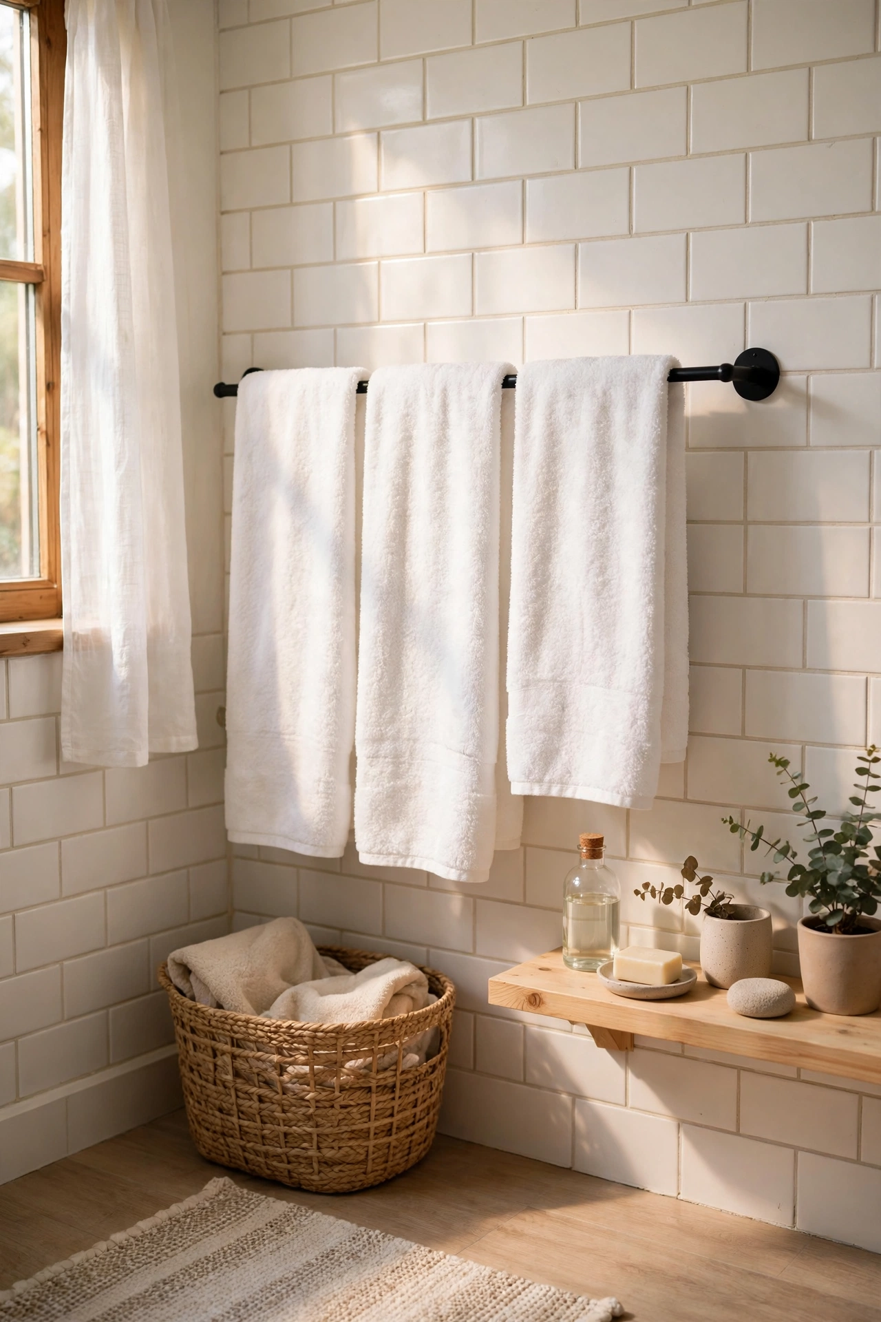 Thick white hand towels hanging neatly in a calm bathroom