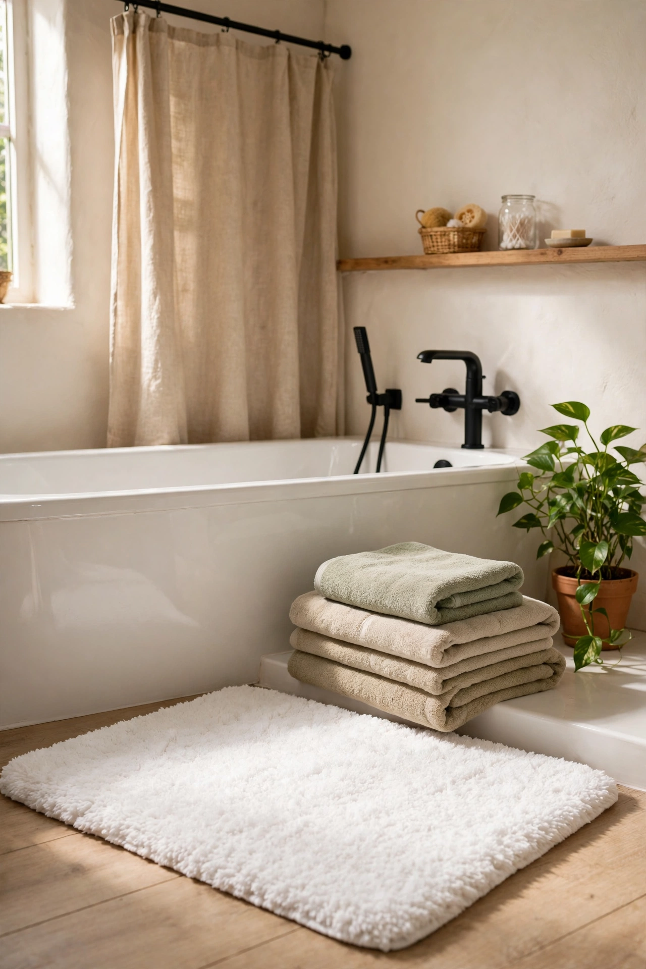 Plush white bath mat in front of a bathtub with soft towels