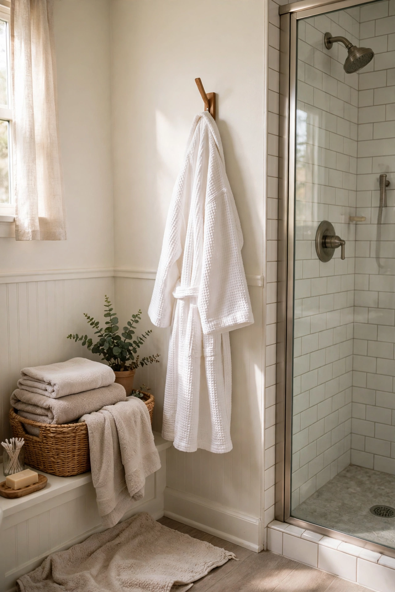 Soft waffle robe hanging on a hook beside a shower