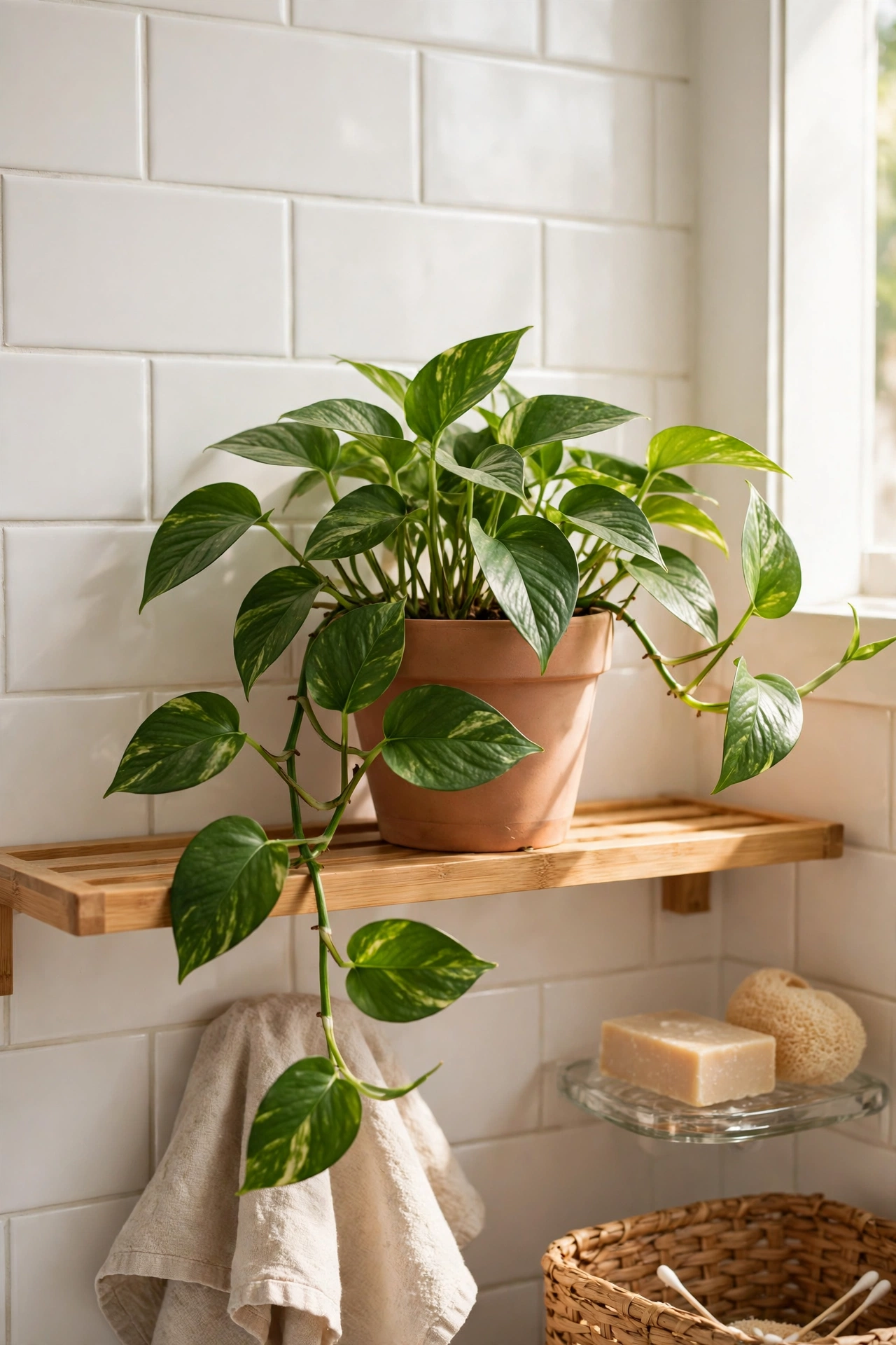 Potted pothos plant thriving on a bathroom shelf in steam