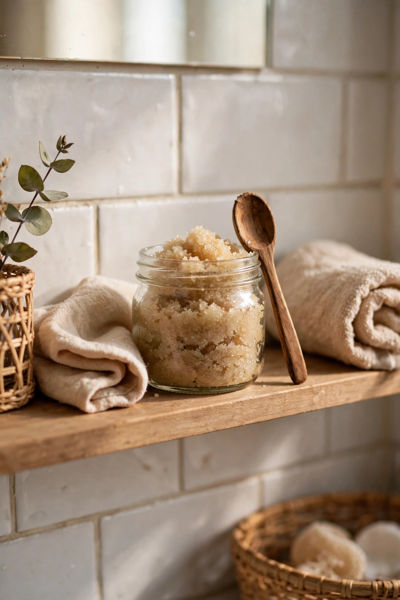 Small glass jar of homemade sugar scrub with wooden spoon in a bathroom