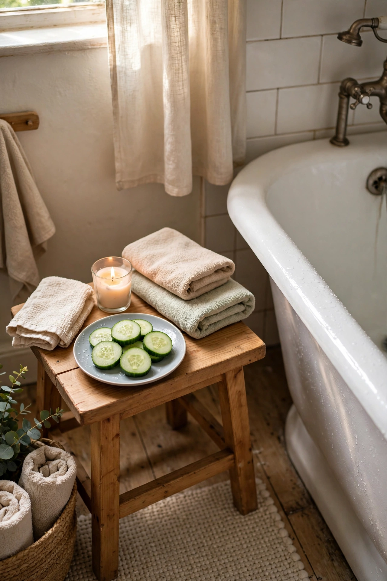 Chilled cucumber slices on a small plate beside a bathtub