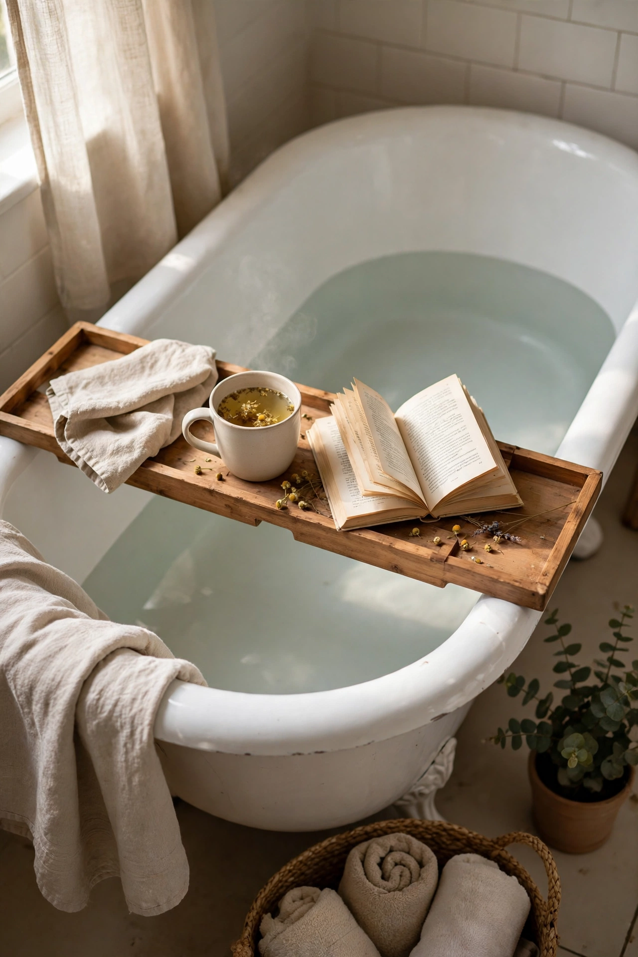 Wooden bath tray with herbal tea and a book across a bathtub