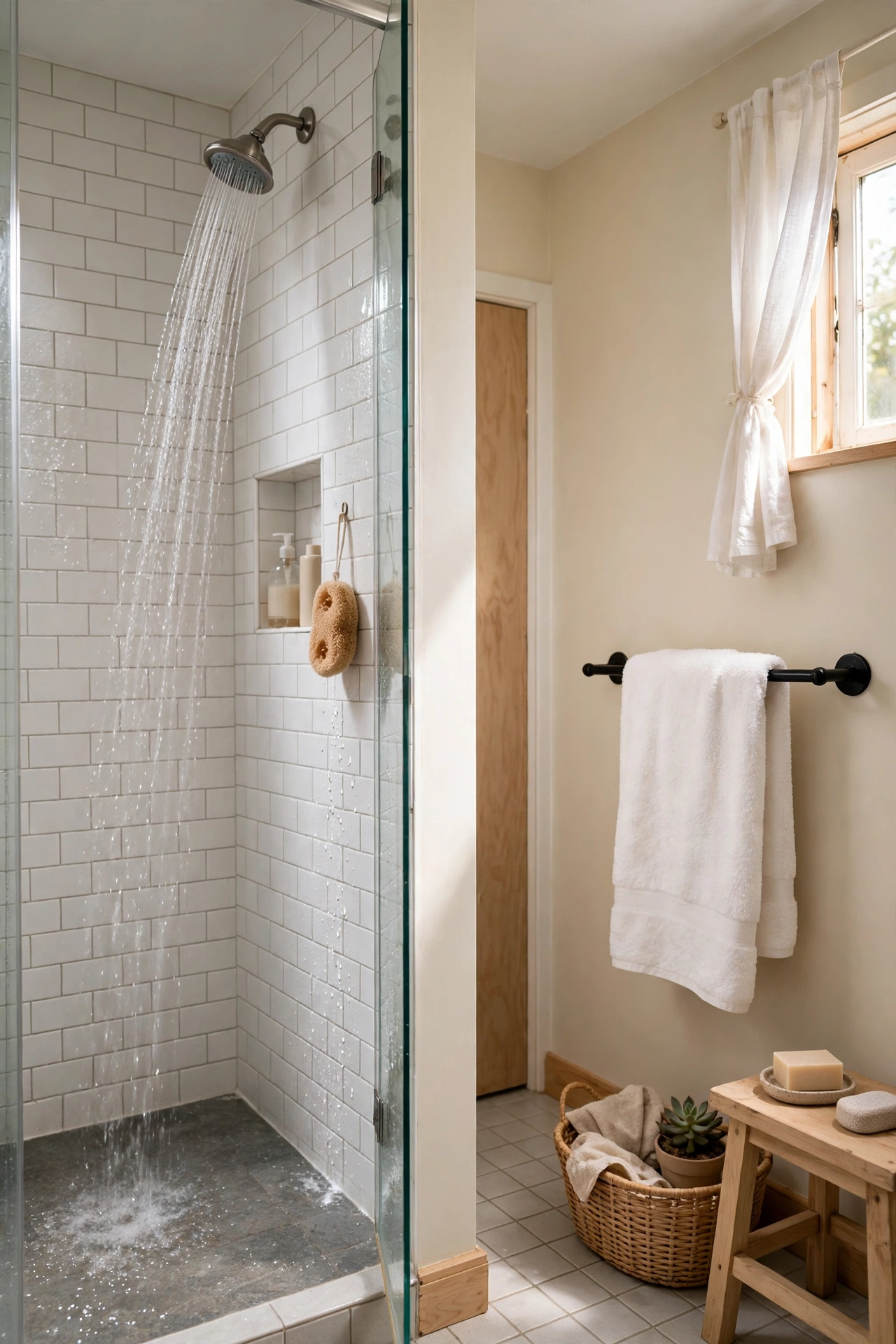 Cool shower running at the end of a bath with warm towel waiting