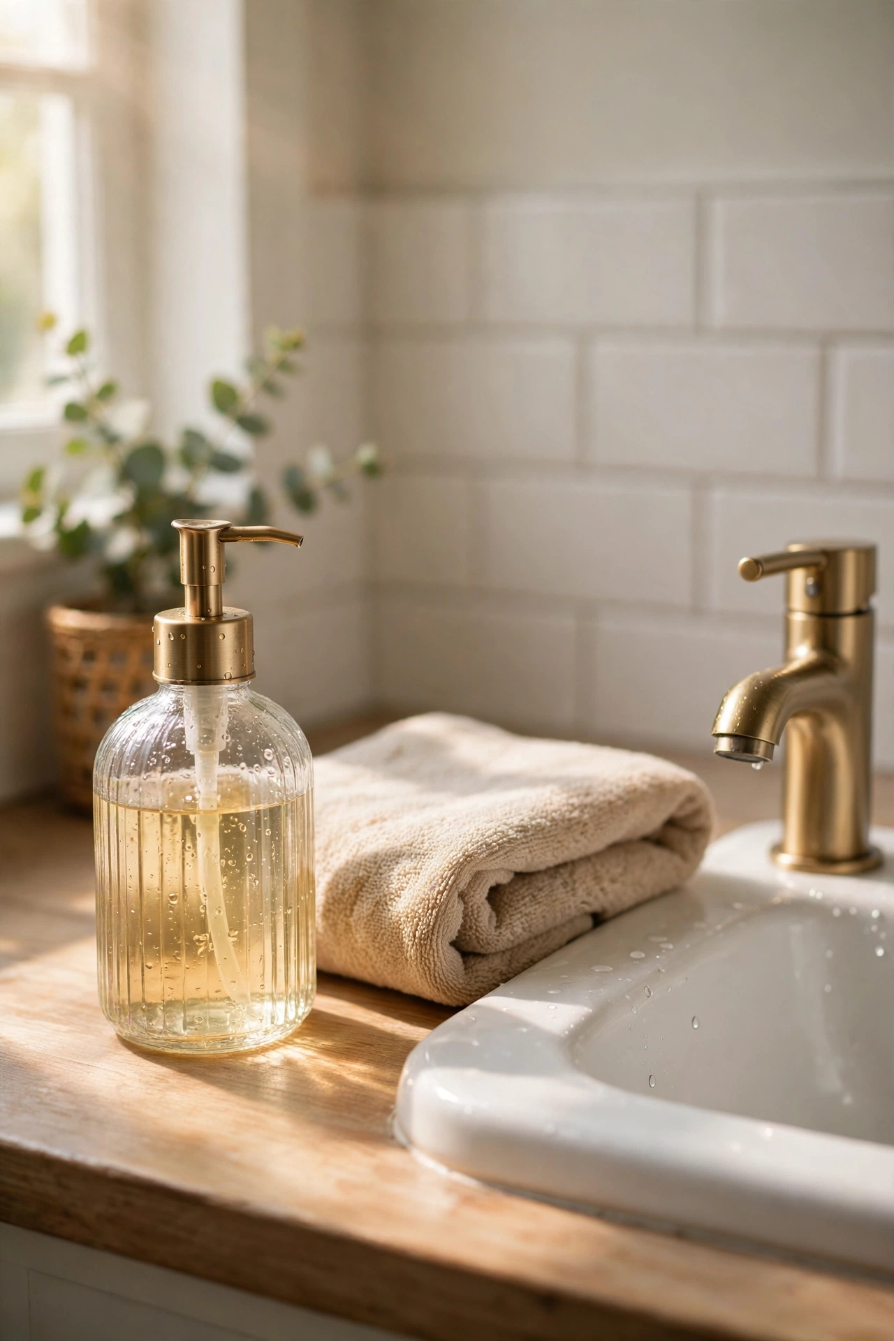 Pretty glass soap pump on a bathroom counter beside a sink