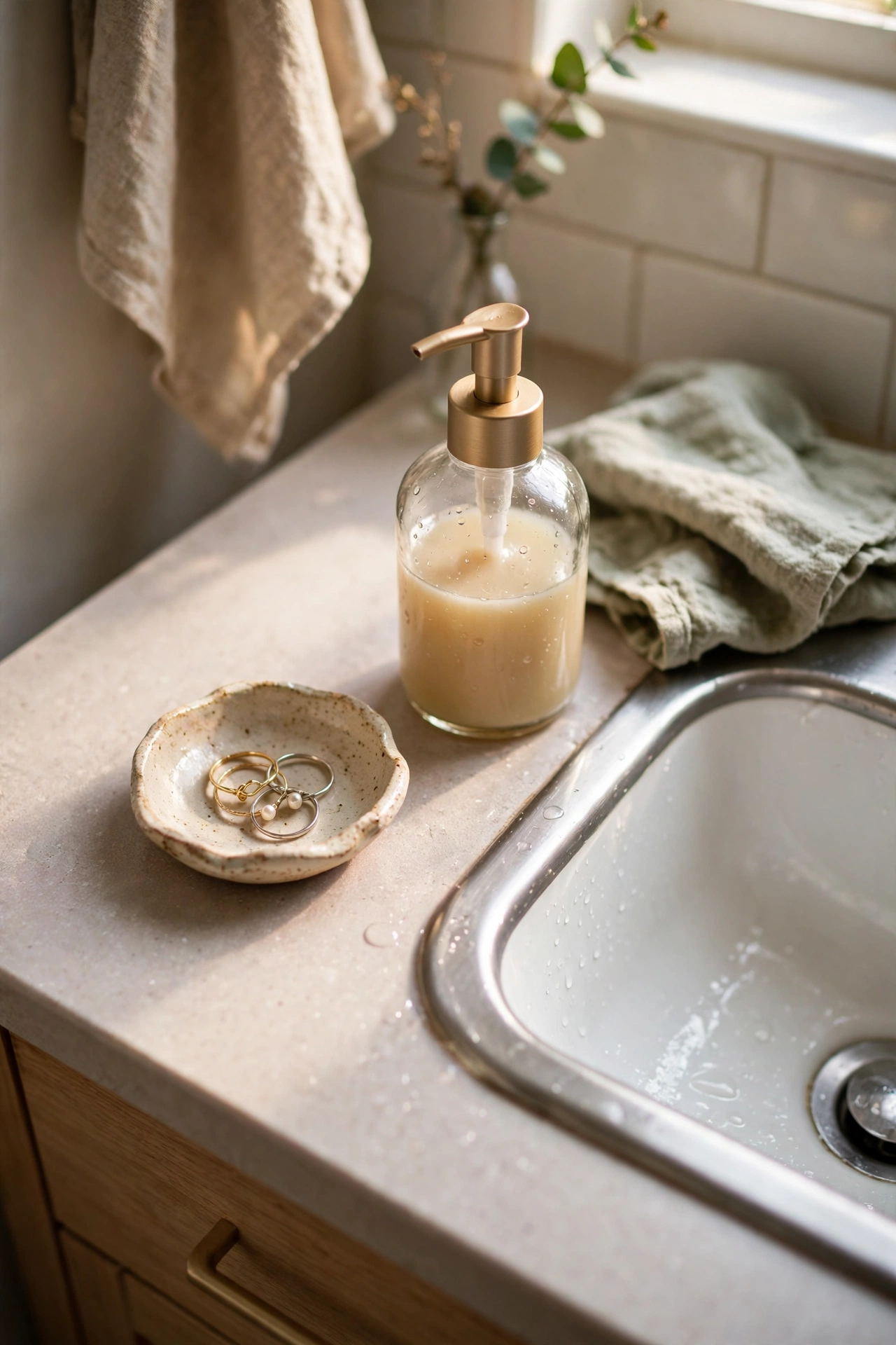 Tiny ceramic dish for rings beside a bathroom sink