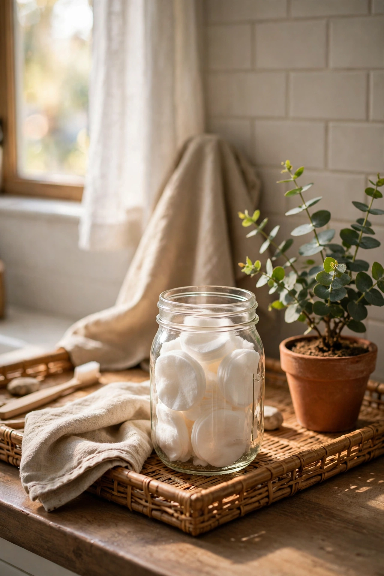 Mason jar filled with cotton pads on a bathroom counter tray