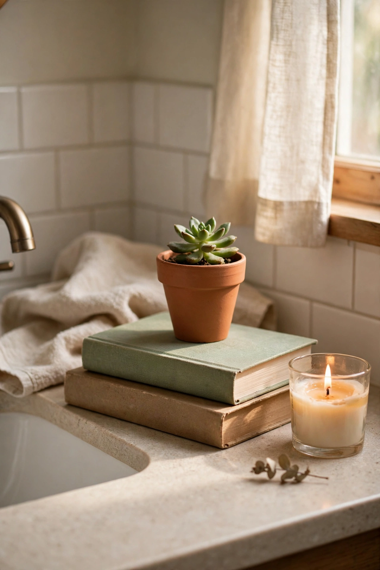 Two stacked books as a riser under a small plant on a bathroom counter