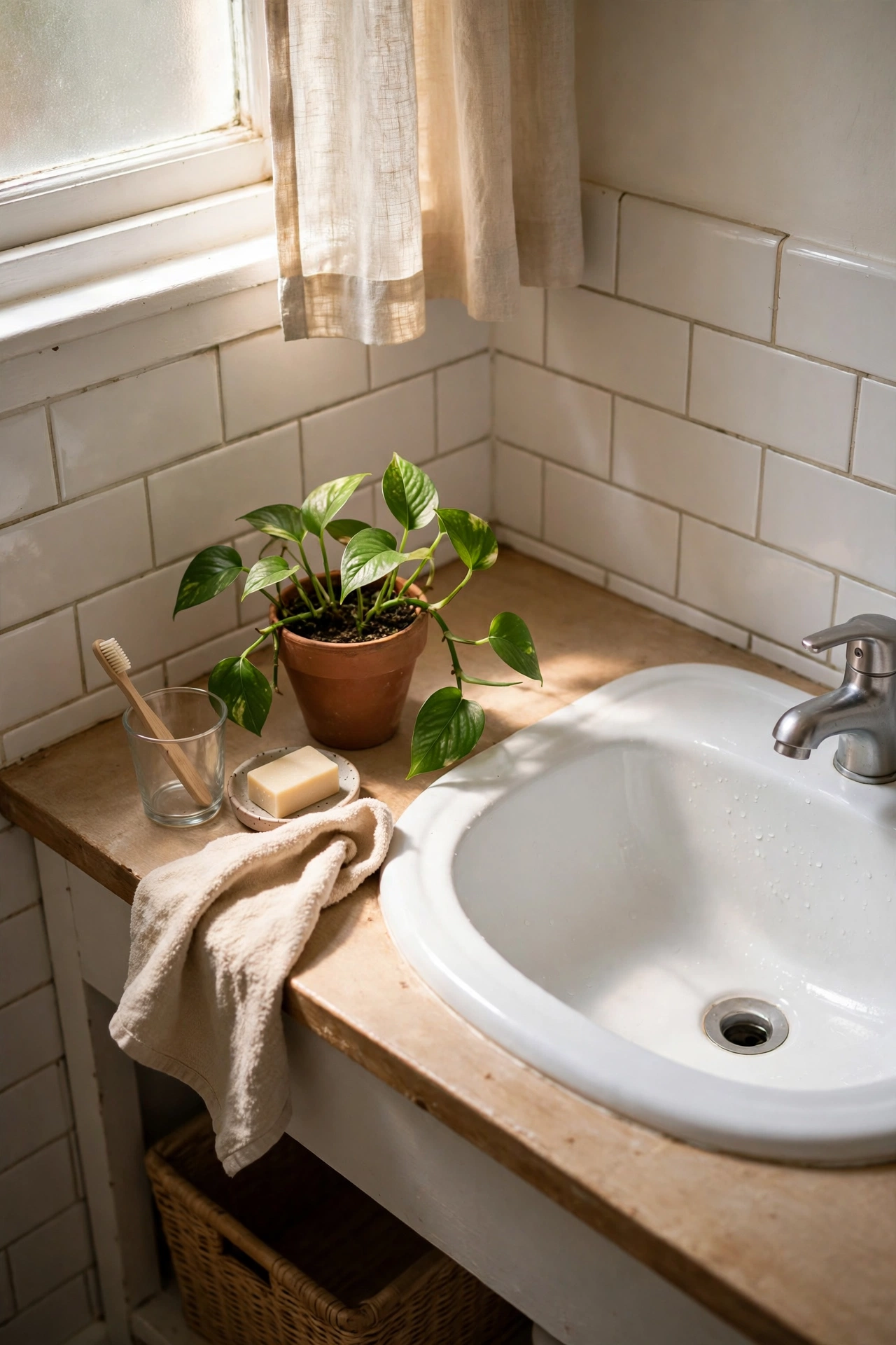 Small potted pothos plant on a bathroom counter corner