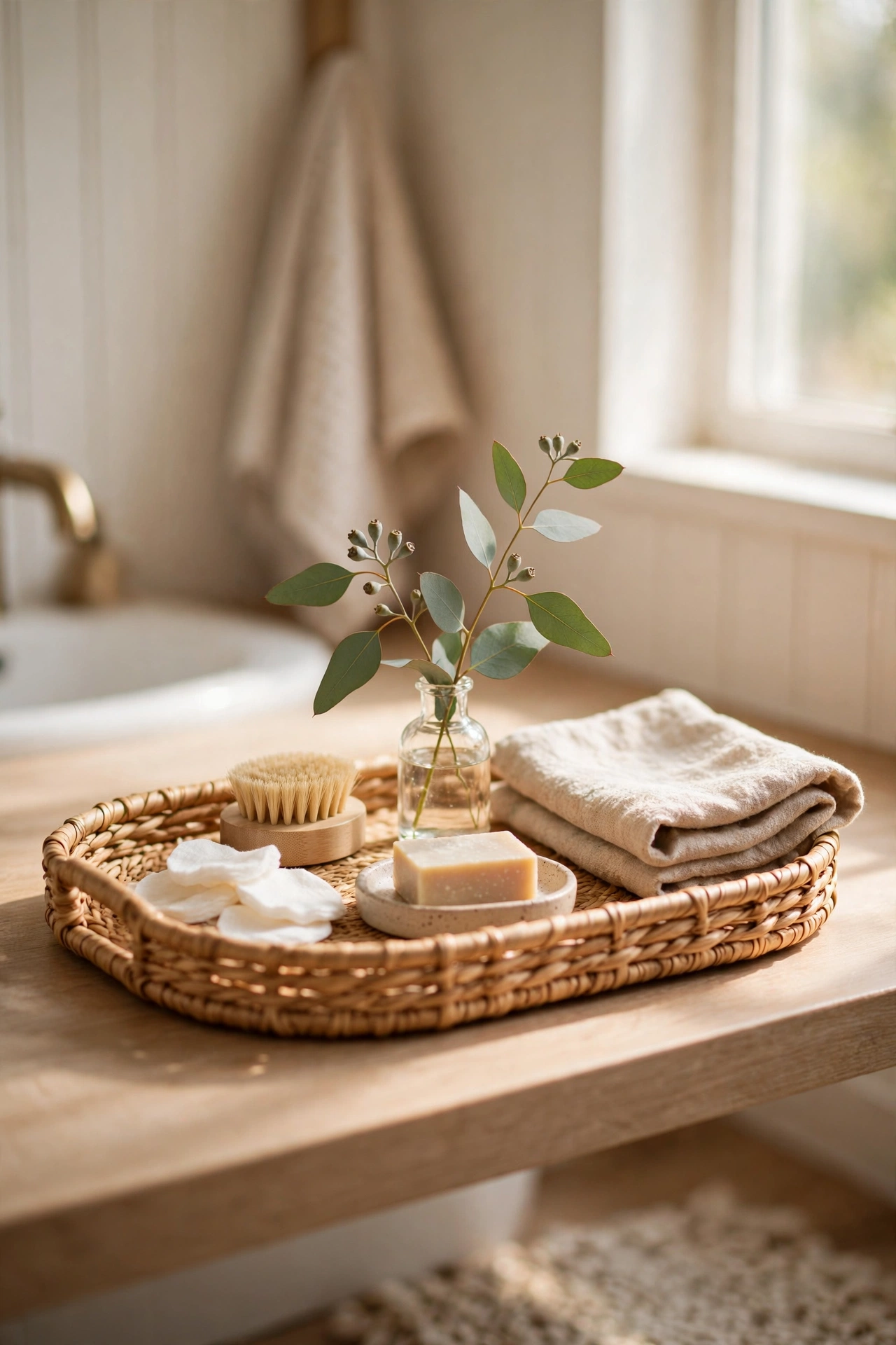 Single eucalyptus stem in a tiny bud vase on a bathroom counter