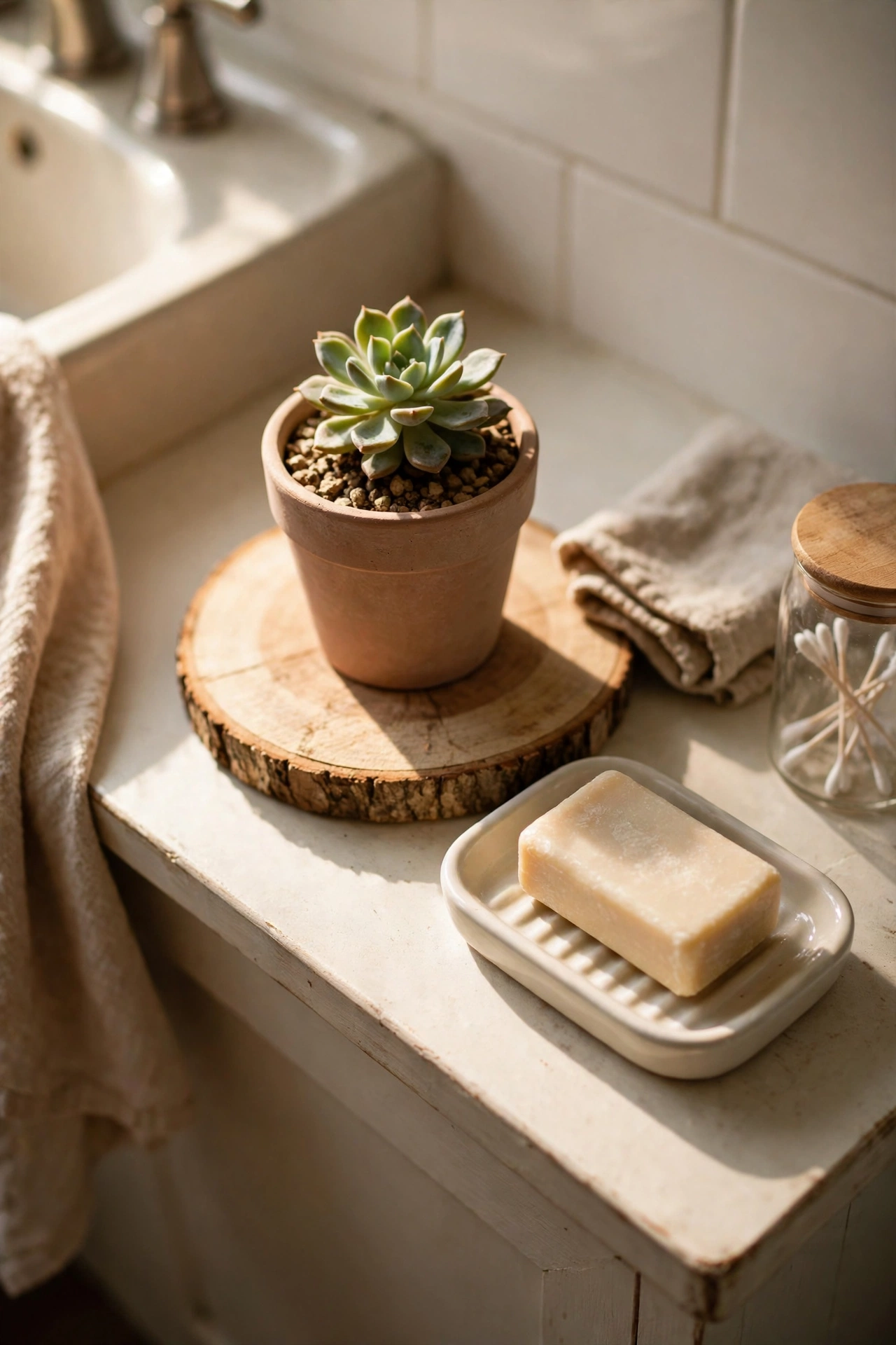 Wooden slice under a potted plant on a bathroom counter