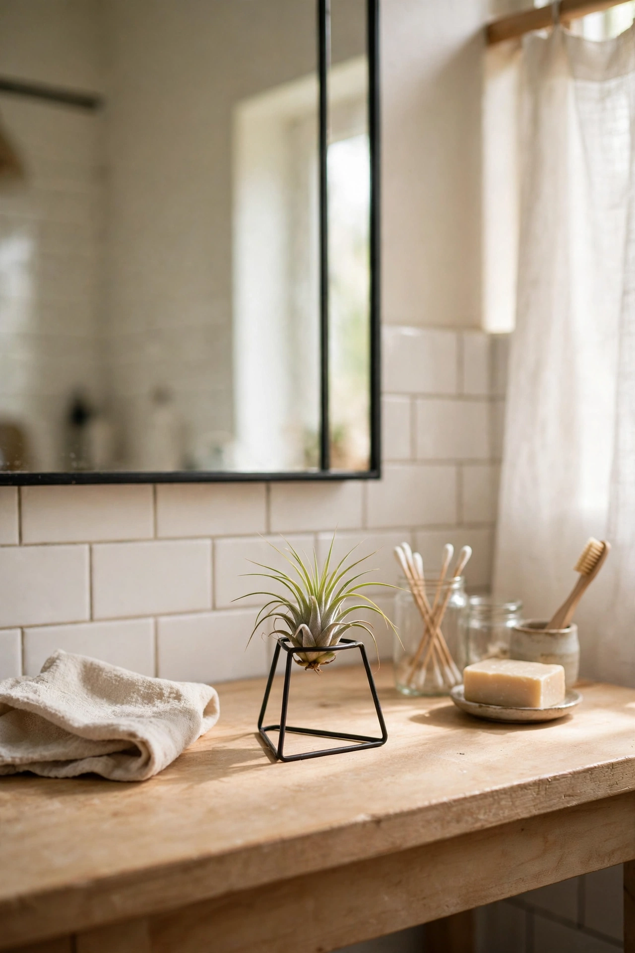 Tiny air plant on a small stand on a bathroom counter