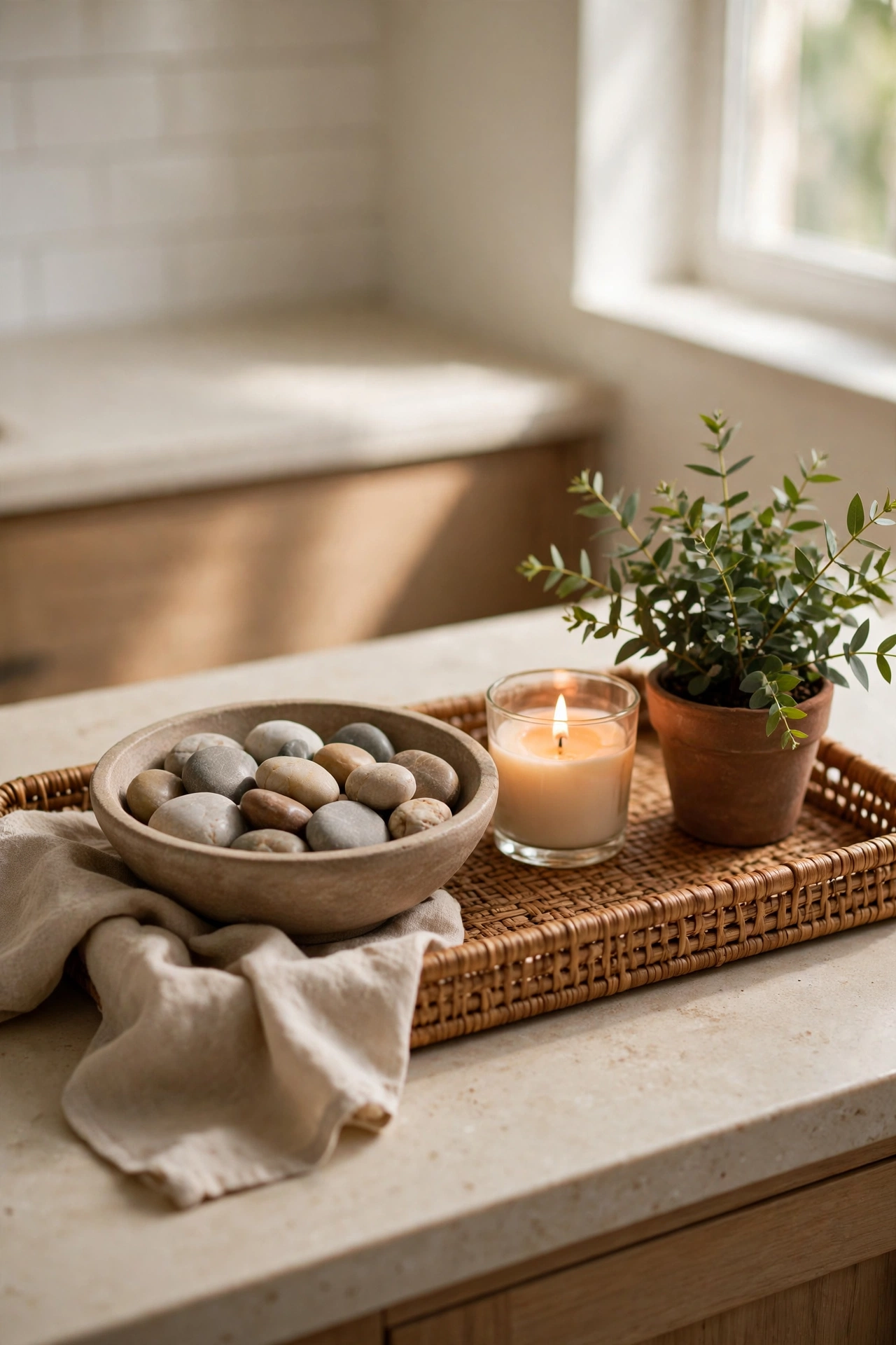 Shallow bowl of smooth stones on a bathroom counter tray