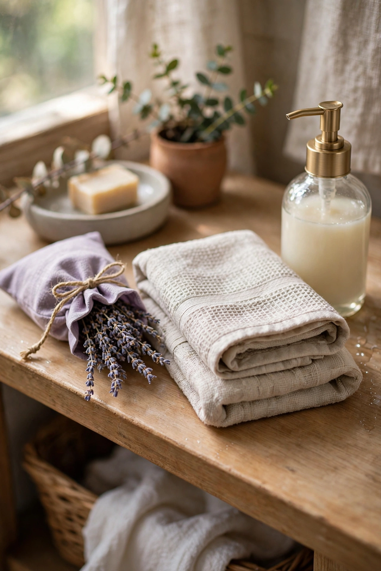 Lavender sachet tucked beside folded hand towels on a bathroom counter