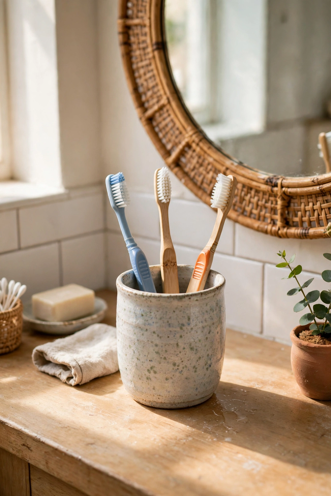 Toothbrushes in a pretty ceramic cup on a bathroom counter