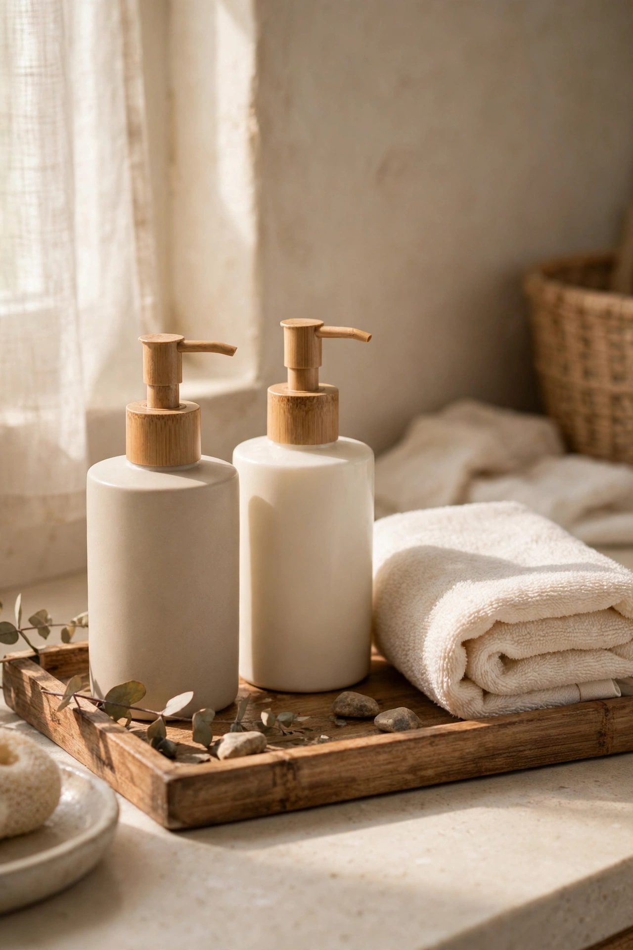 Matching soap and lotion pumps together on a bathroom tray