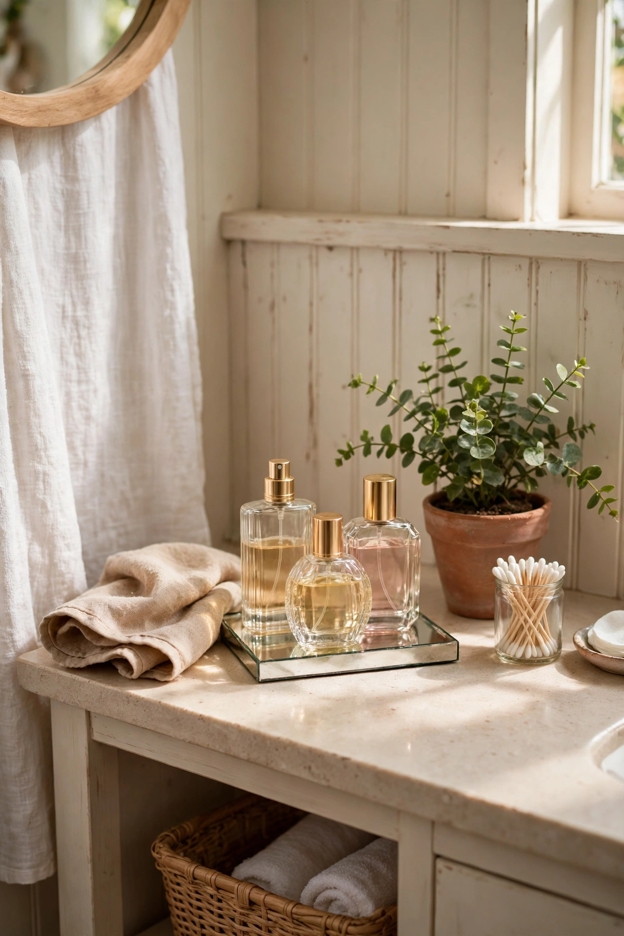 Perfume bottles arranged on a small mirrored tray on a bathroom counter