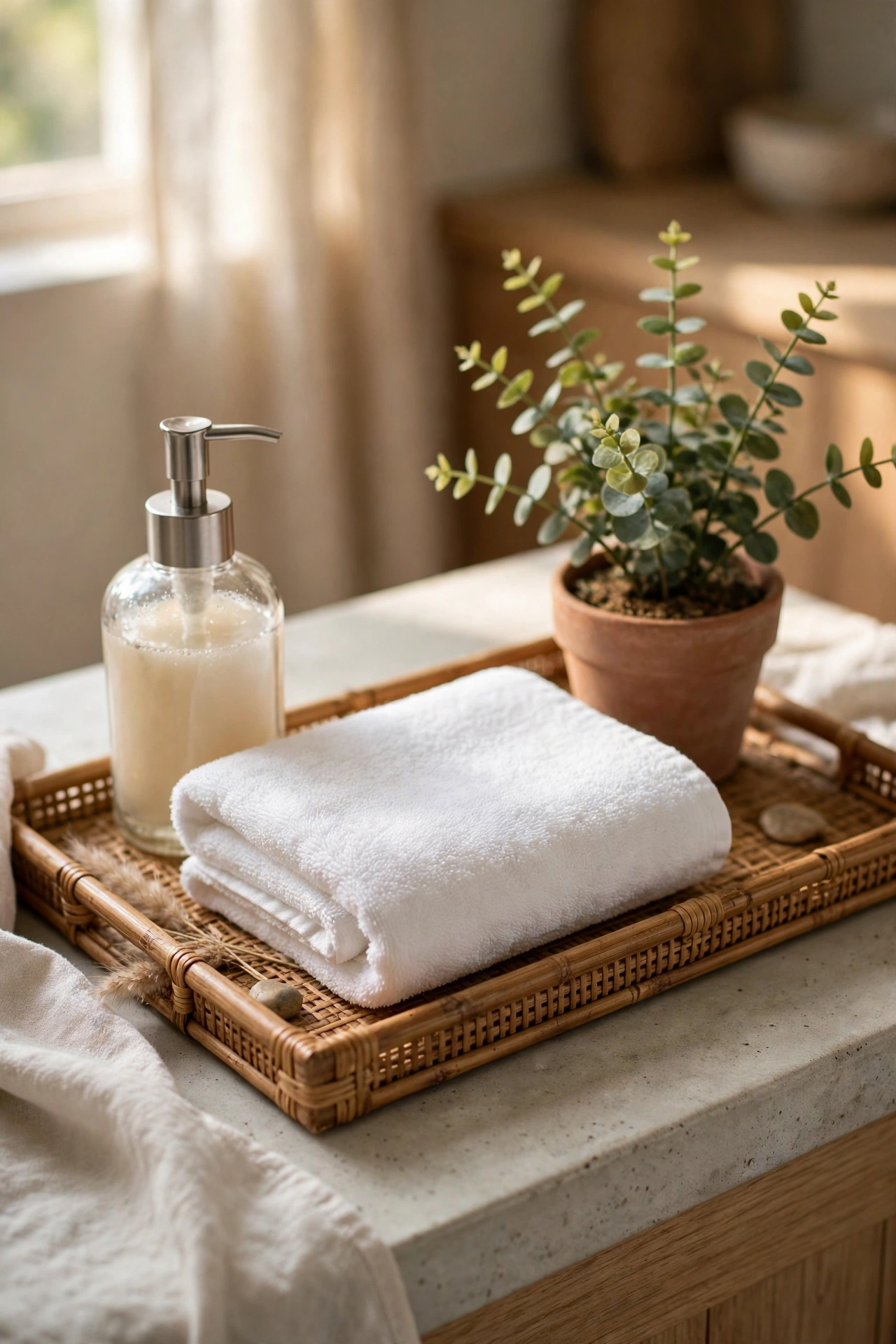 Neatly folded hand towel on a bathroom counter tray