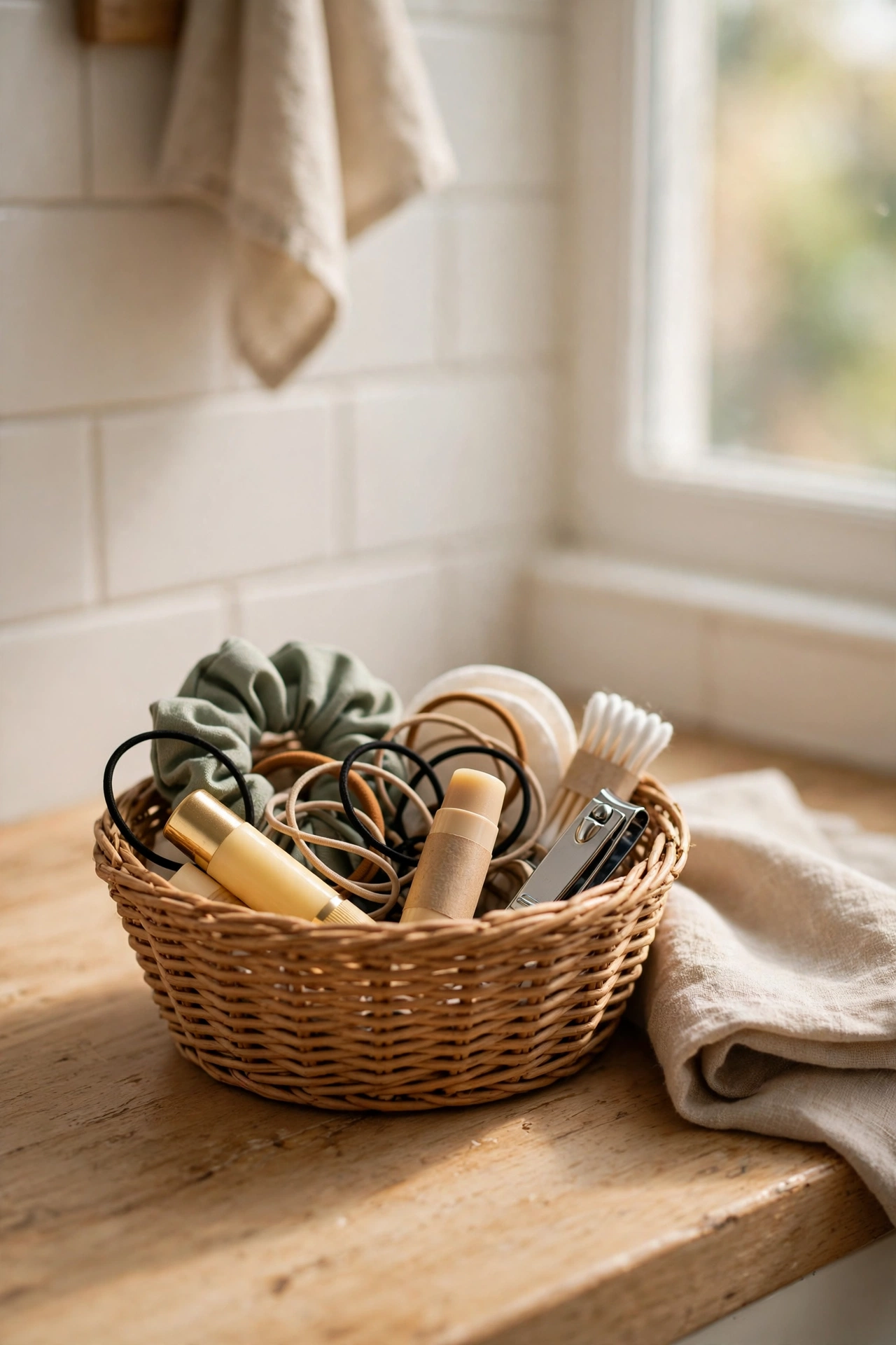 Small woven basket on a bathroom counter holding lip balm and hair ties